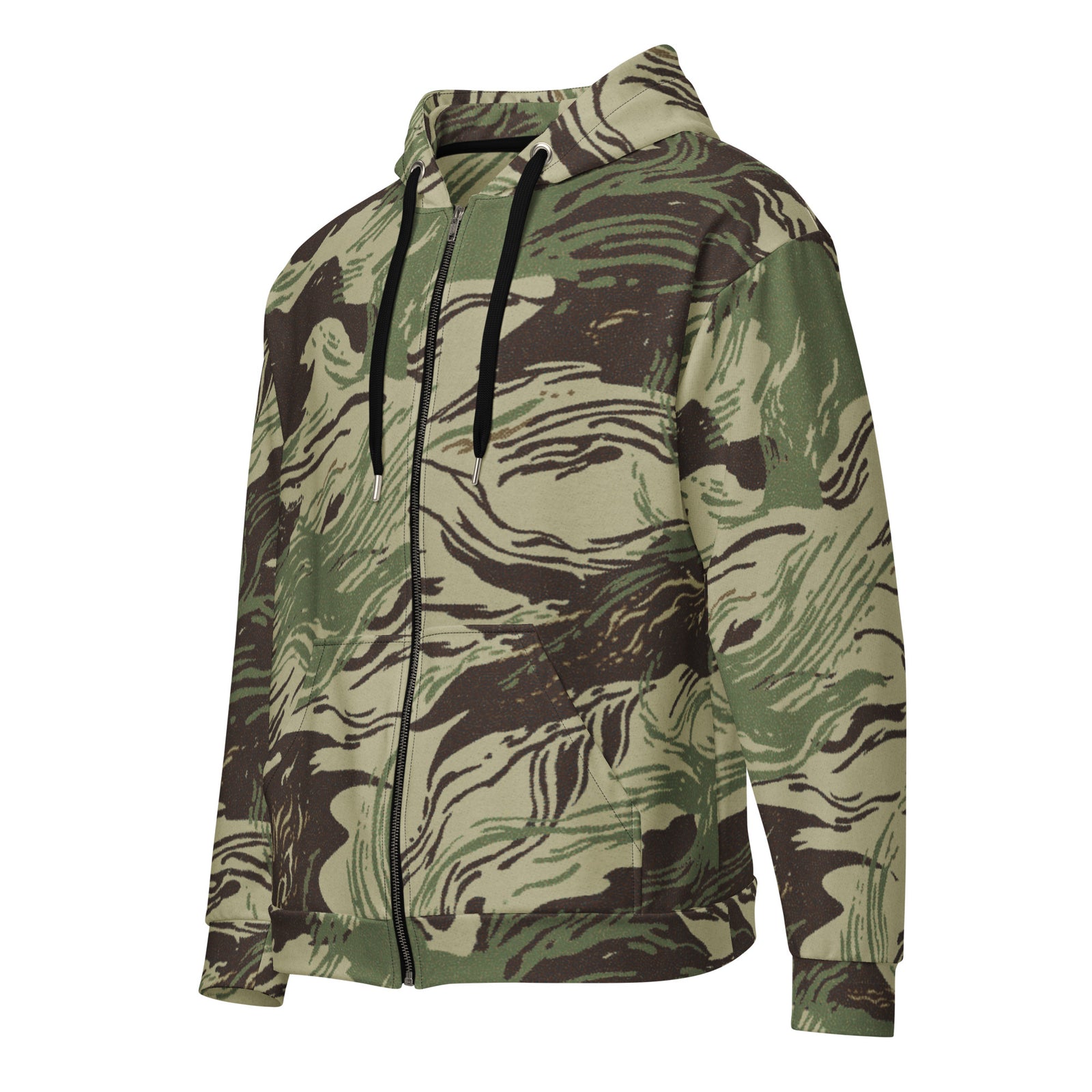 Rhodesian Brushstroke camouflage zip hoodie, angled front view