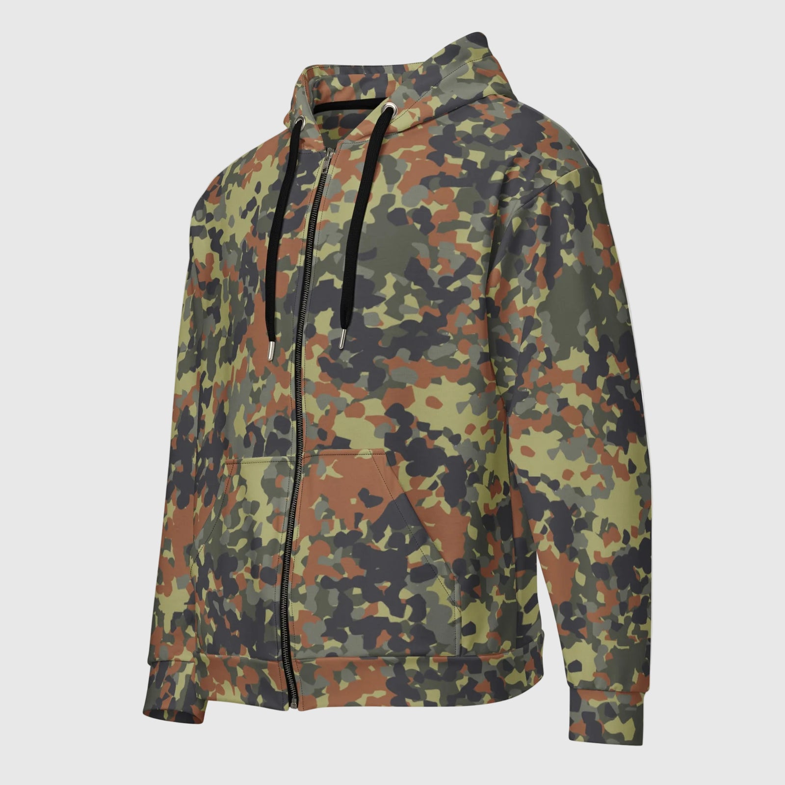 Flecktarn Reconnaissance five-color camo zip hoodie, angled front view