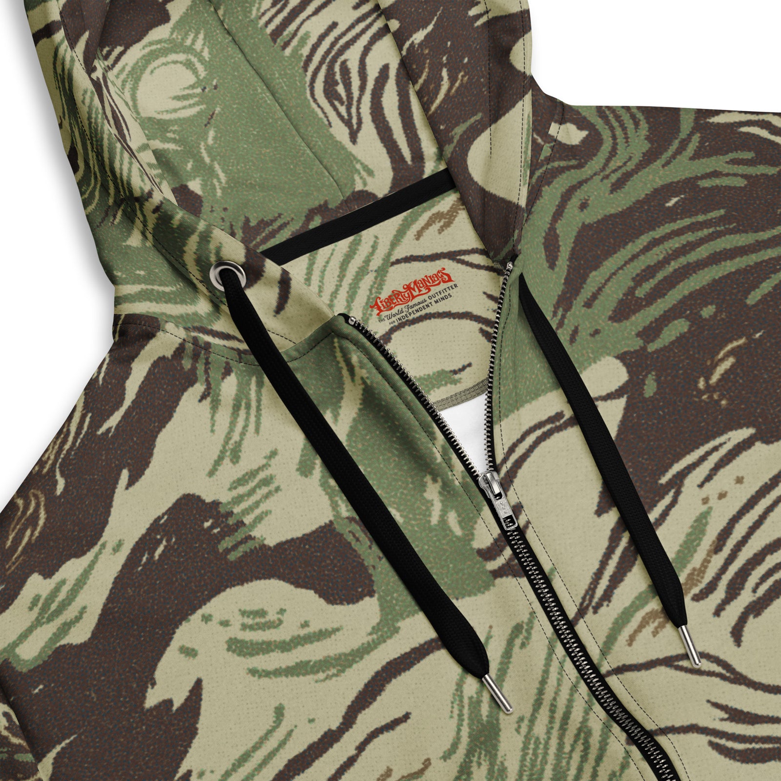 Rhodesian Brushstroke zip hoodie showing zipper, hood, drawstrings, and fabric details