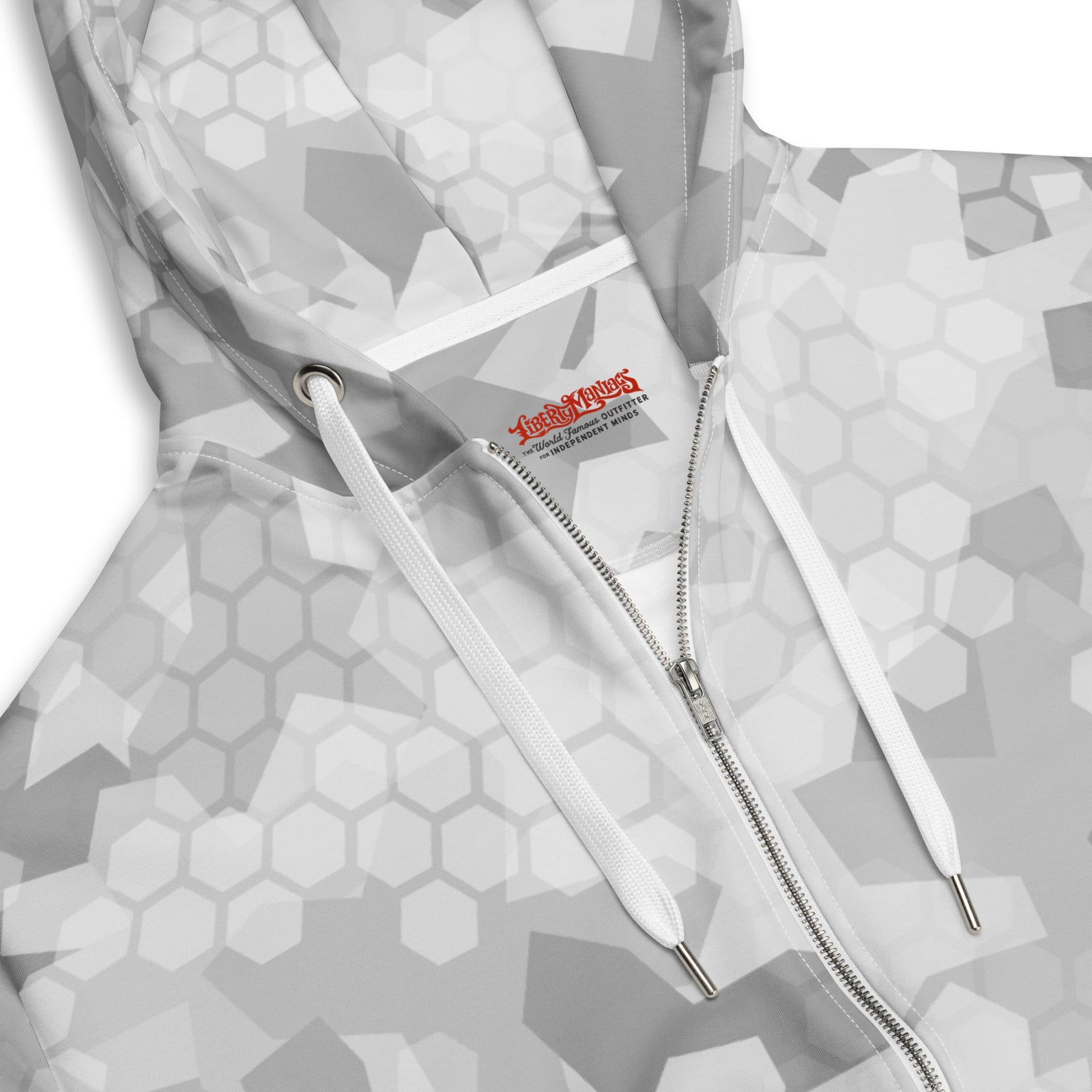 Arctic Shatter zip hoodie showing zipper, hood, drawstrings, and fabric details