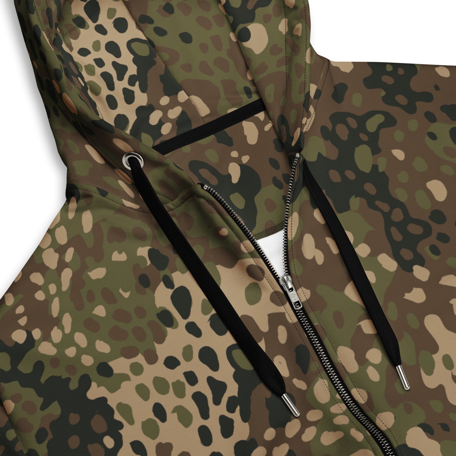 Erbsenmuster Pea Dot zip hoodie detail showing hood, zipper, and brushed interior