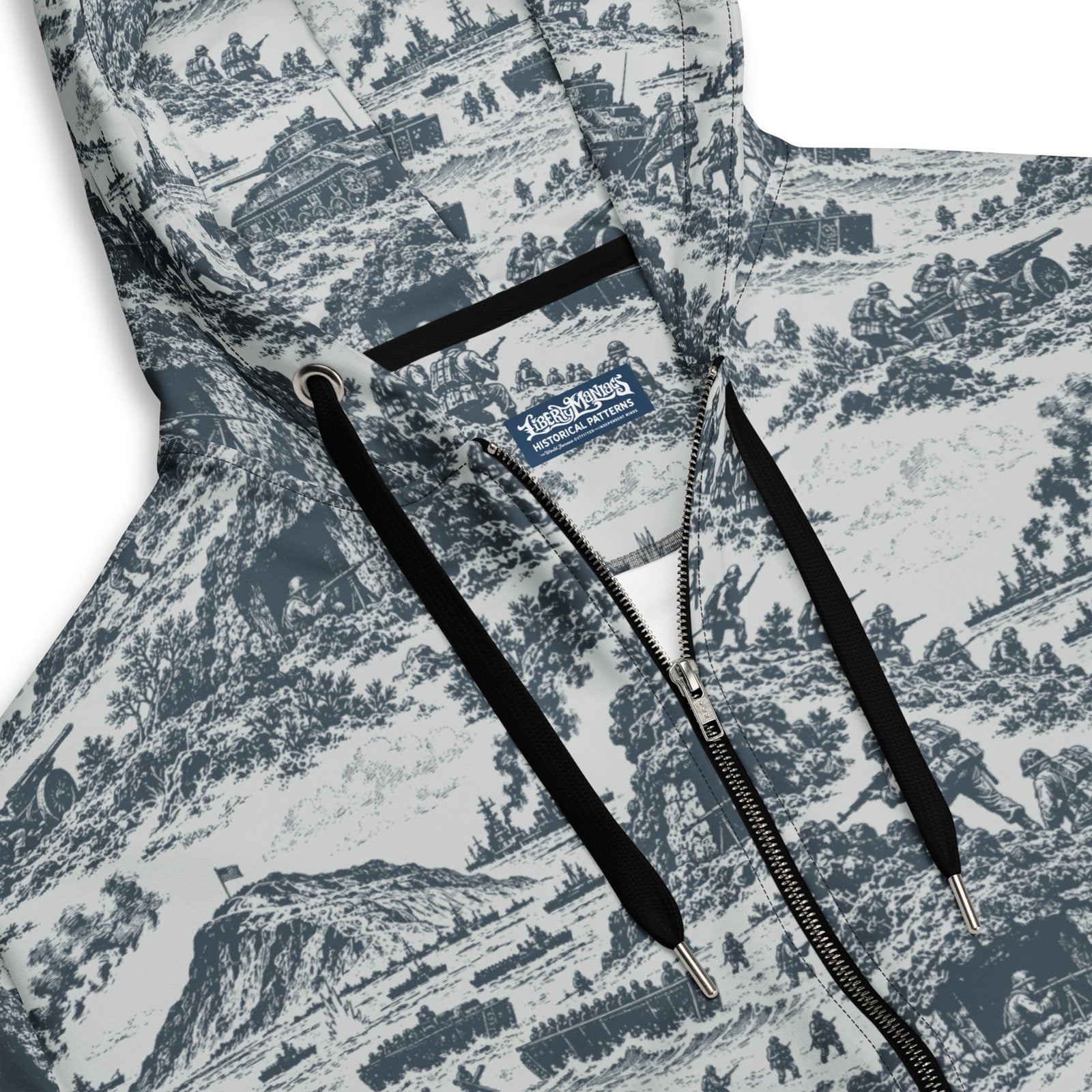 Detail view of Iwo Jima Historic Pattern Zip Hoodie with zipper, drawstrings, hood, and printed fleece
