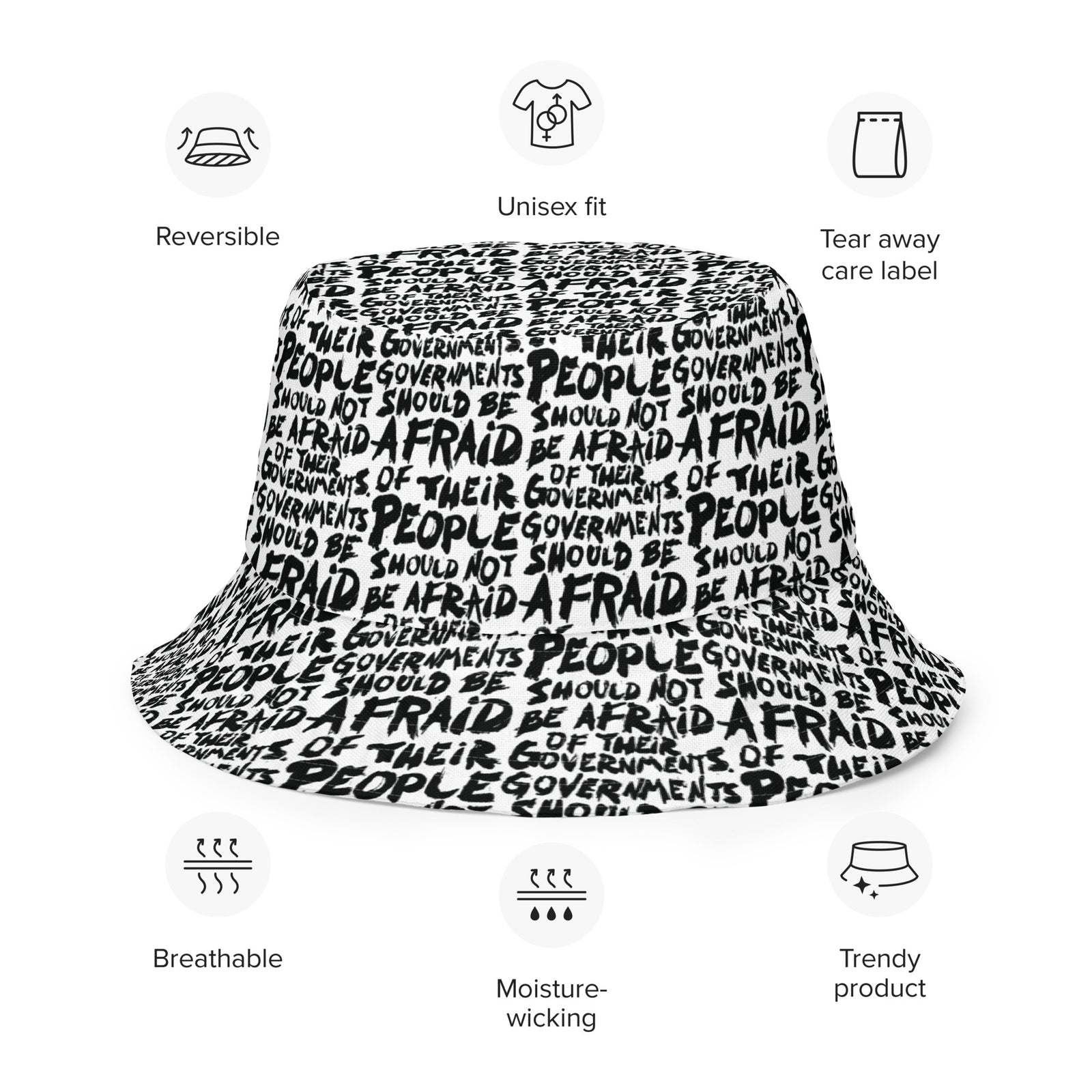 People Should Not Be Afraid of Their Governments Jefferson Quote Reversible Bucket Hat