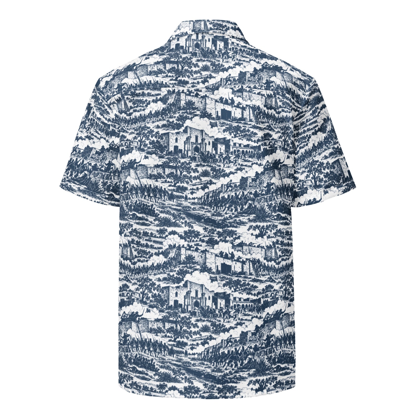 Back view of The Alamo ’36 Toile shirt with all-over battle scene