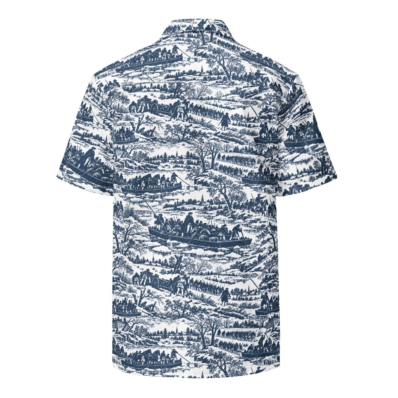 Angled back view of the Washington Crossing the Delaware historical pattern shirt