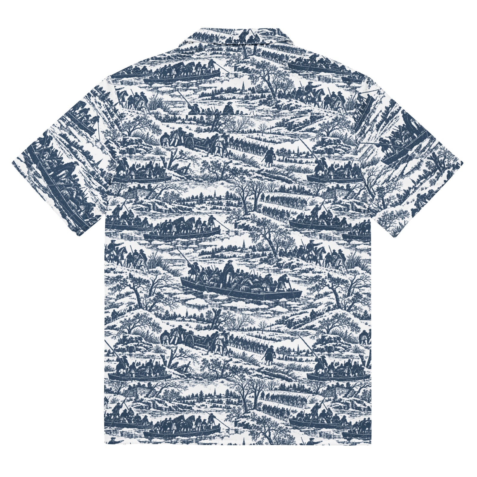 Flat back view showing the full Washington Crossing the Delaware toile pattern