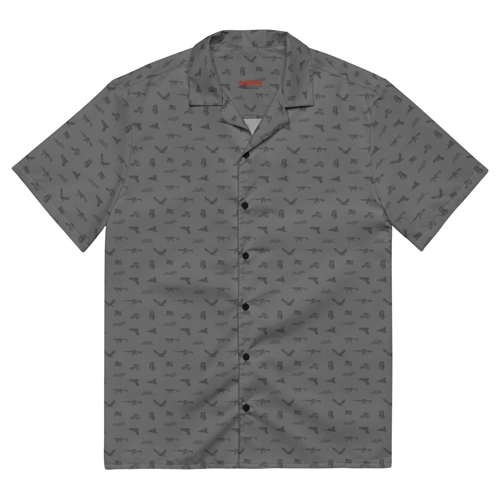 Gray short-sleeve shirt with subtle pattern on a white background