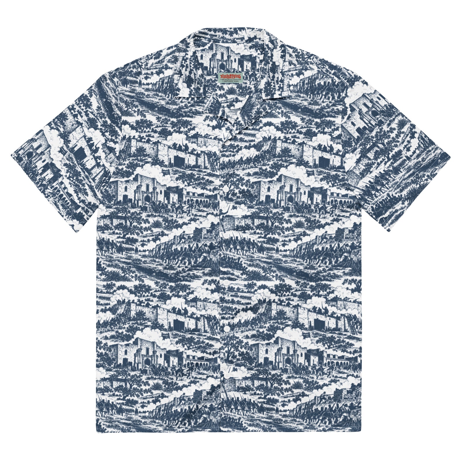 The Alamo ’36 Toile button-up shirt with black-and-white siege artwork, front view