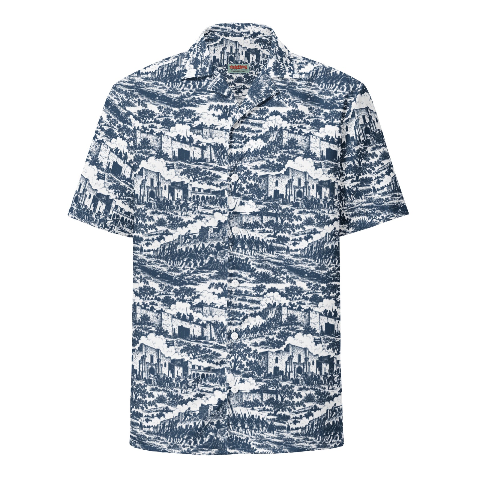 Front view of The Alamo historical pattern short-sleeve button-up shirt