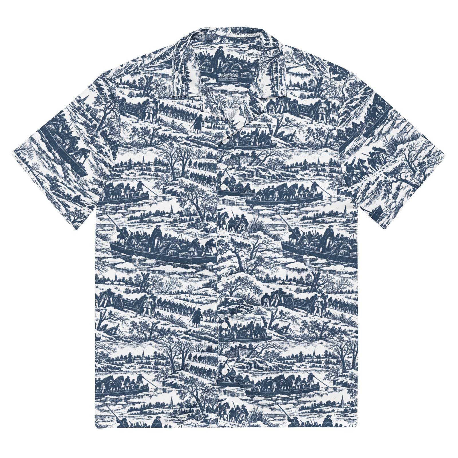 Full rear view of the Washington Crossing the Delaware historical pattern shirt