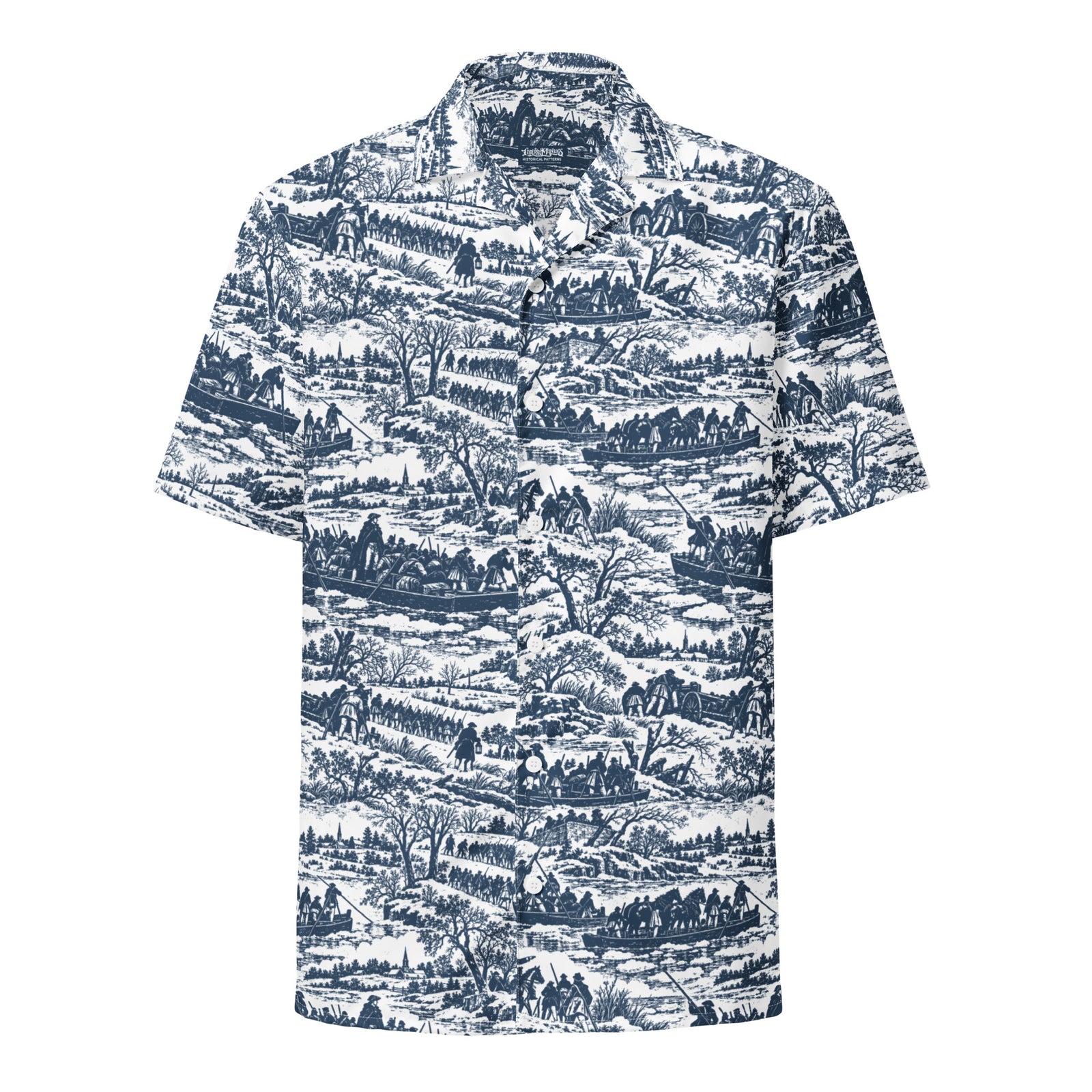 Front product view of the Washington Crossing the Delaware blue-and-white toile shirt