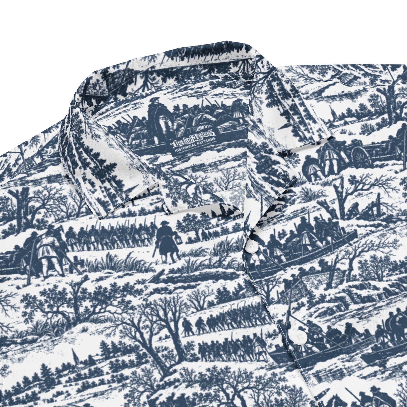 Close-up of the collar, buttons, and historical toile artwork on the Washington Crossing shirt