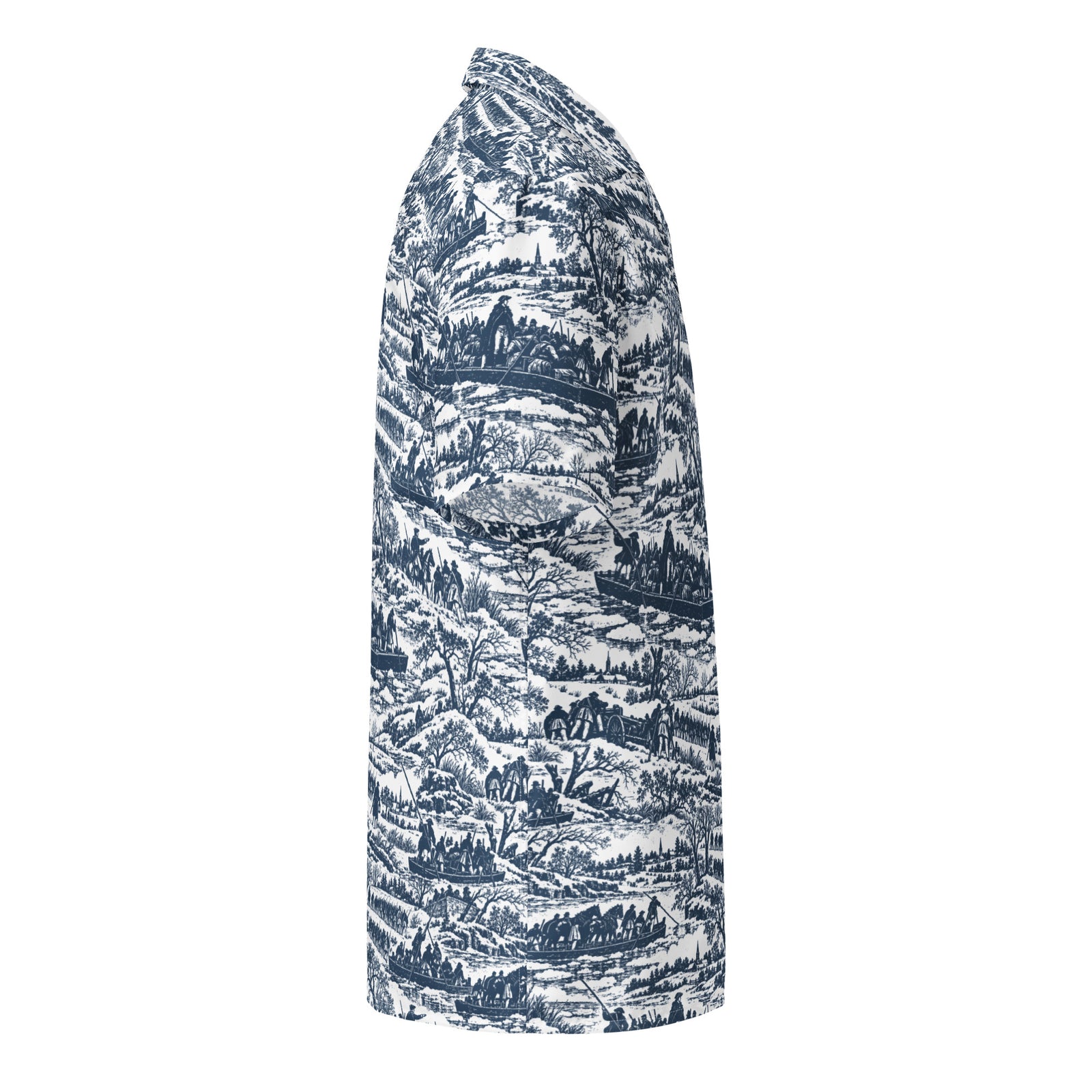 Right side view of the blue-and-white Washington Crossing the Delaware toile shirt
