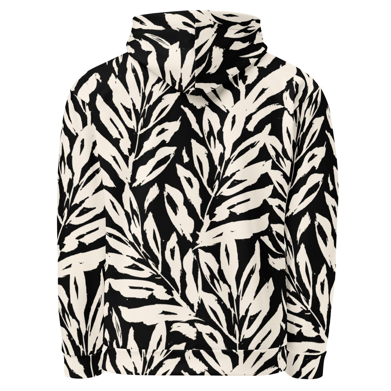 Hoodie with black and white leaf pattern on a white background