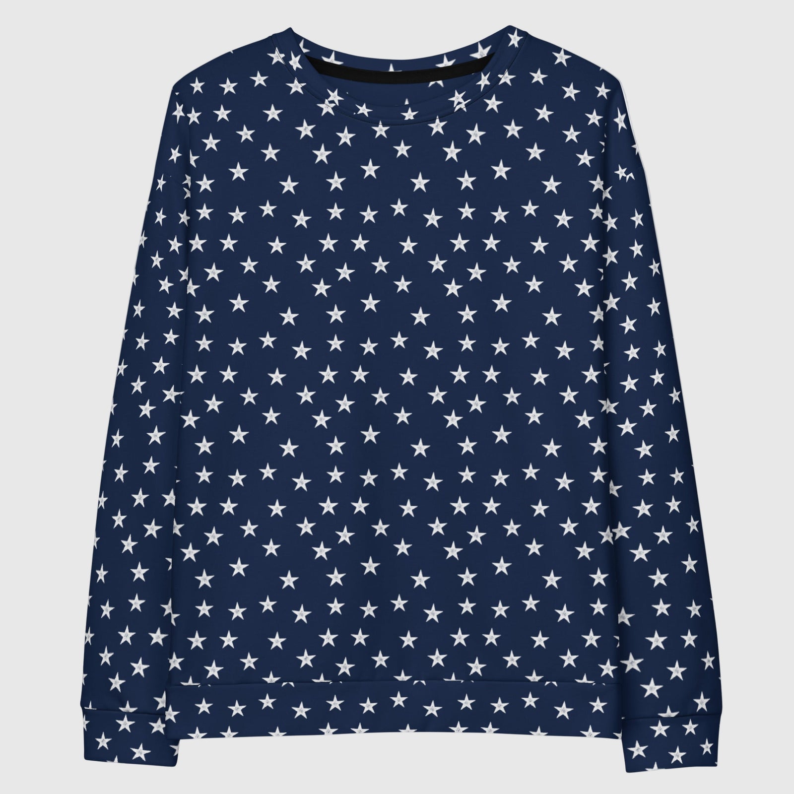 Navy blue long-sleeve shirt with white star pattern on a white background