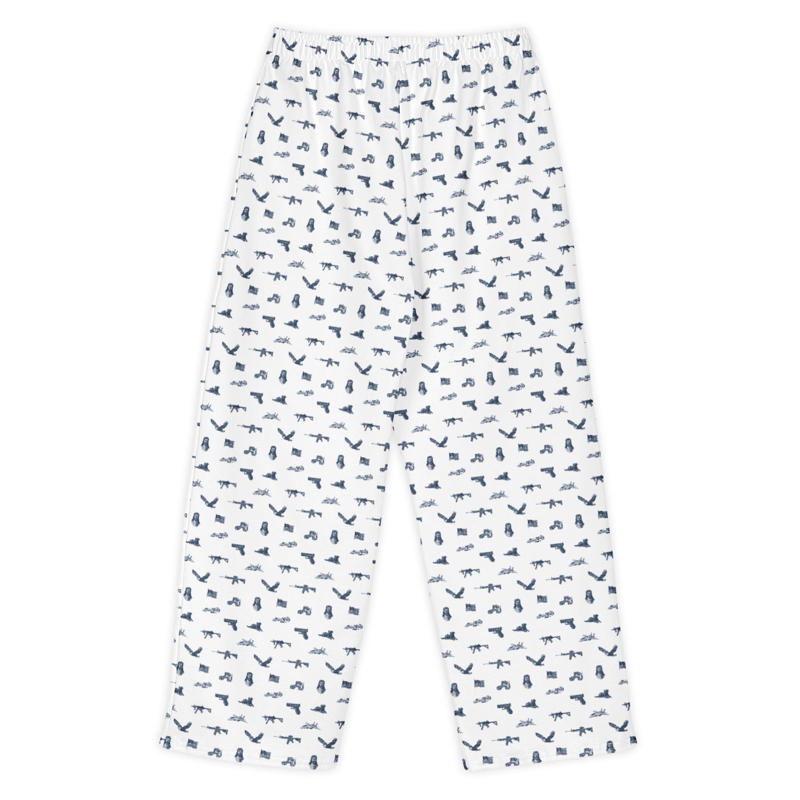 White pants with blue geometric pattern on a white background