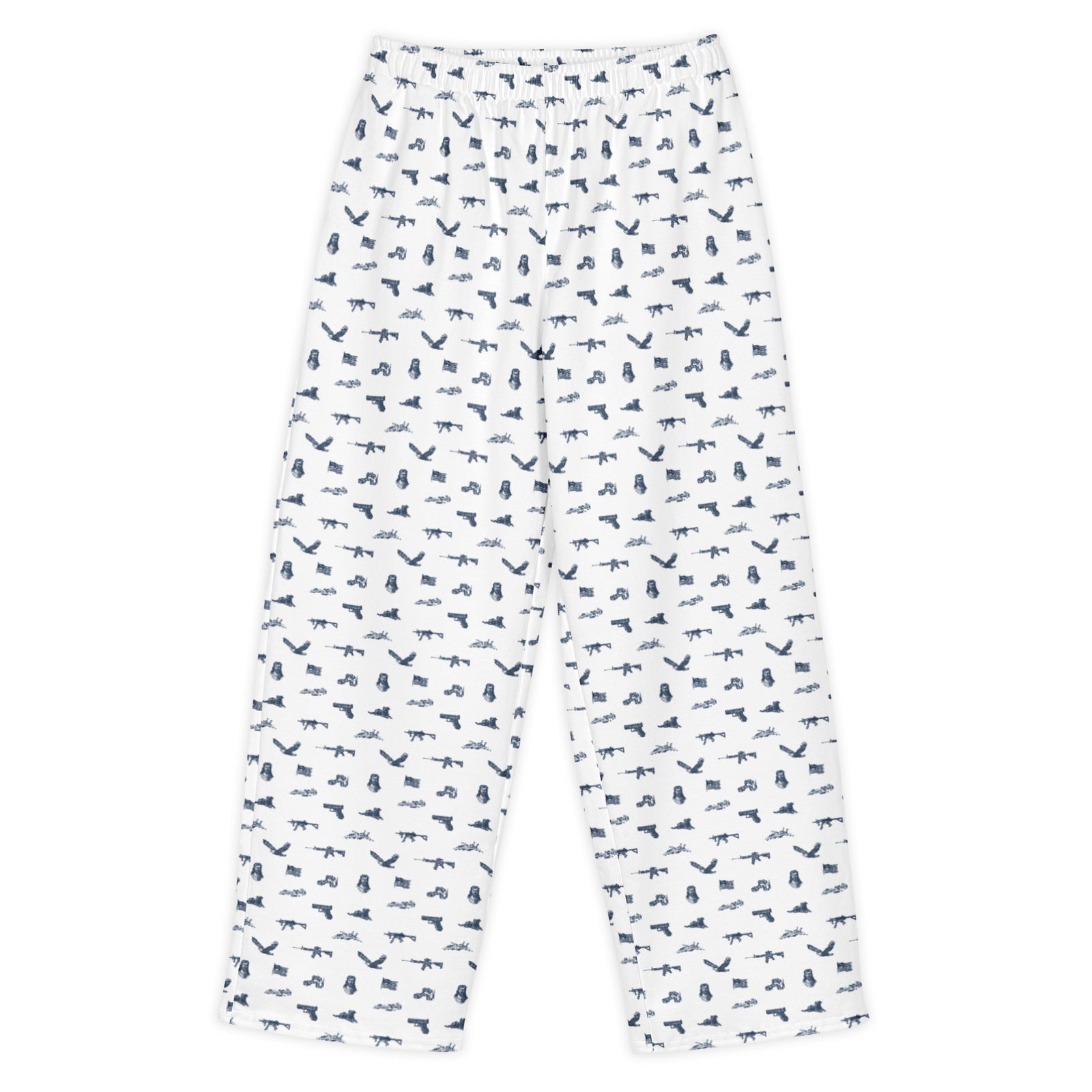 White pants with small blue animal prints on a white background