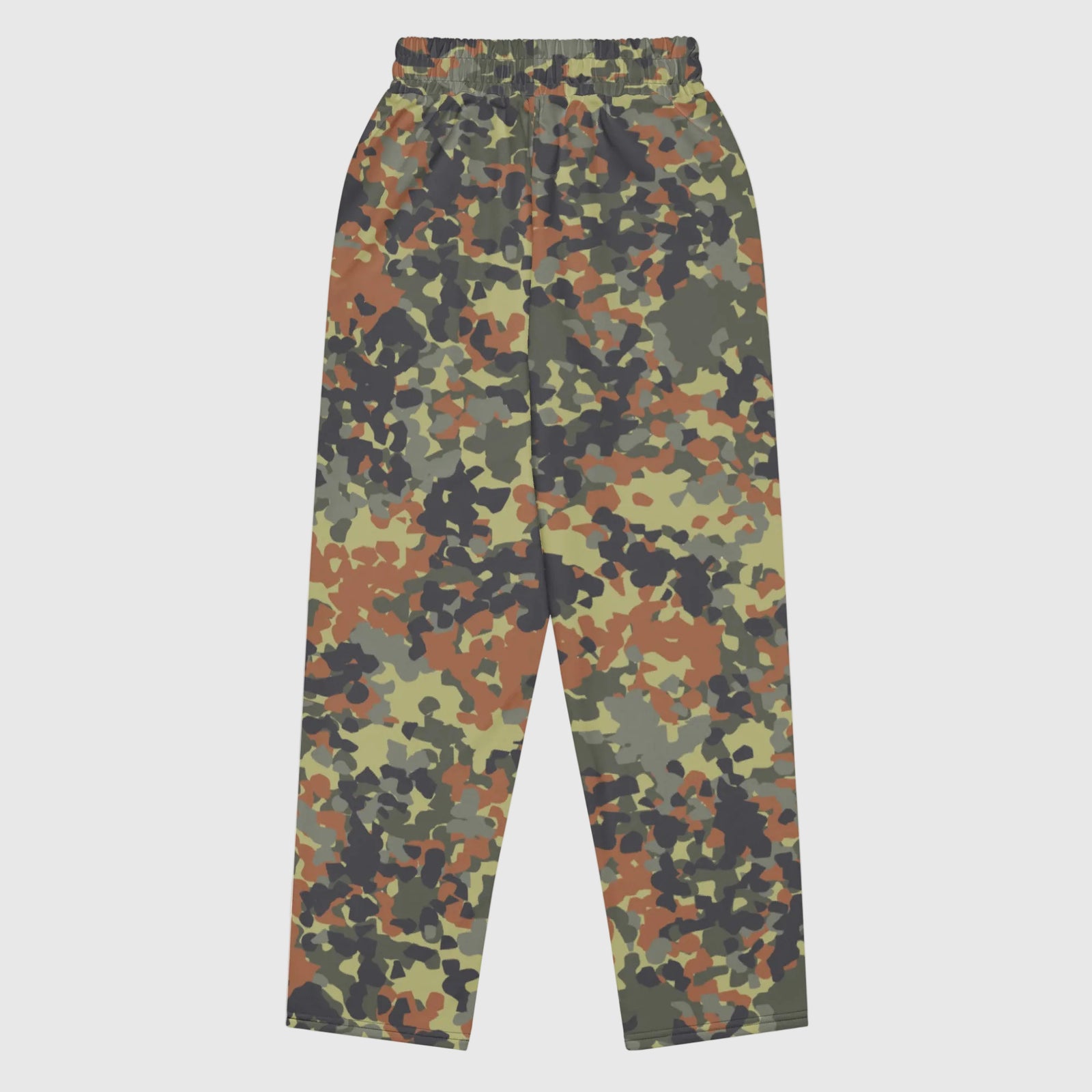 A pair of green camouflage Flecktarn Recon Camo Wide-leg Joggers with side pockets and an elastic waistband.