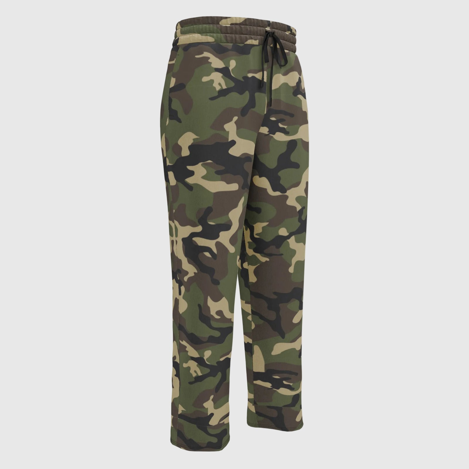 A pair of camouflage wide-leg joggers with side pockets and an elastic waistband with a drawstring.