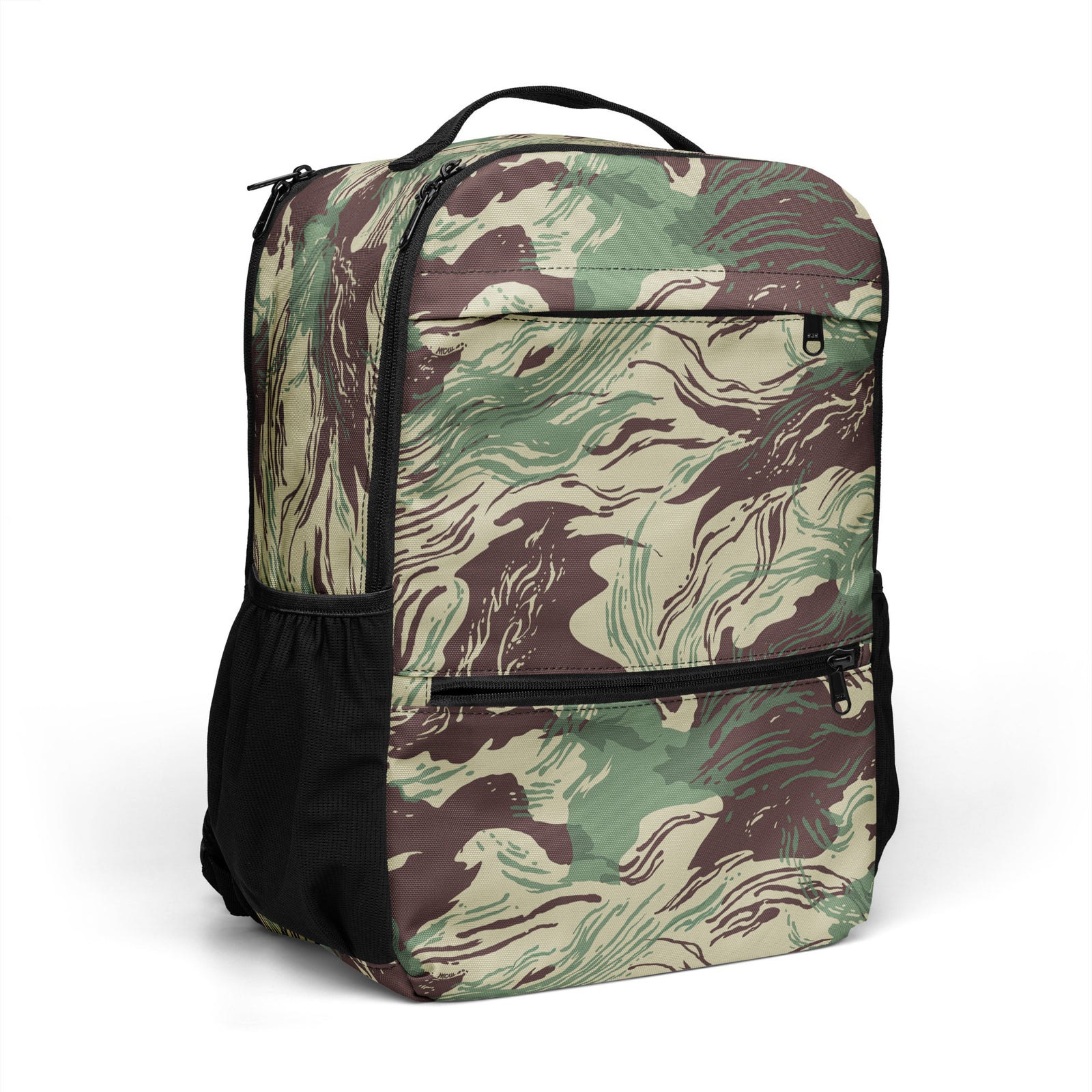 Camouflage-patterned backpack on a white background