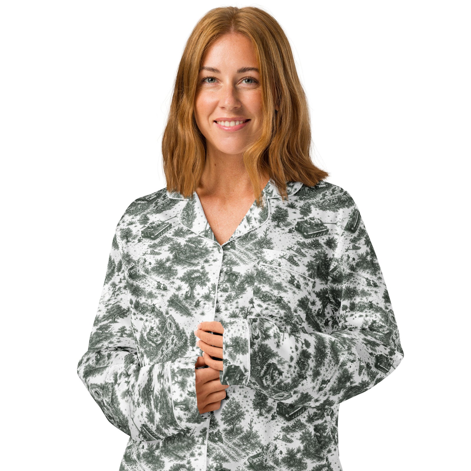Front view showing the Normandy ’44 toile print on the pajama top