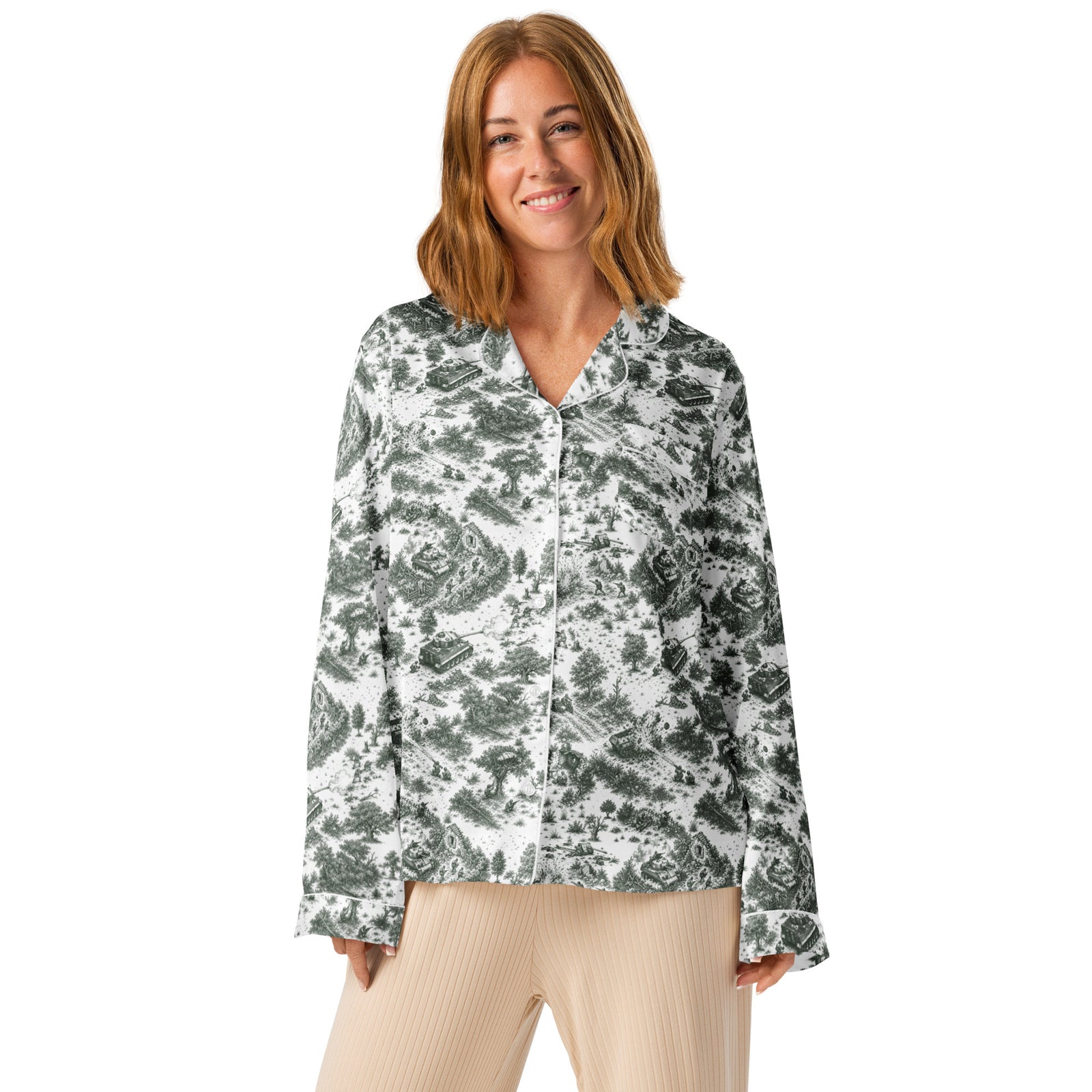 Close front view of Normandy ’44 Toile women’s long sleeve pajama top