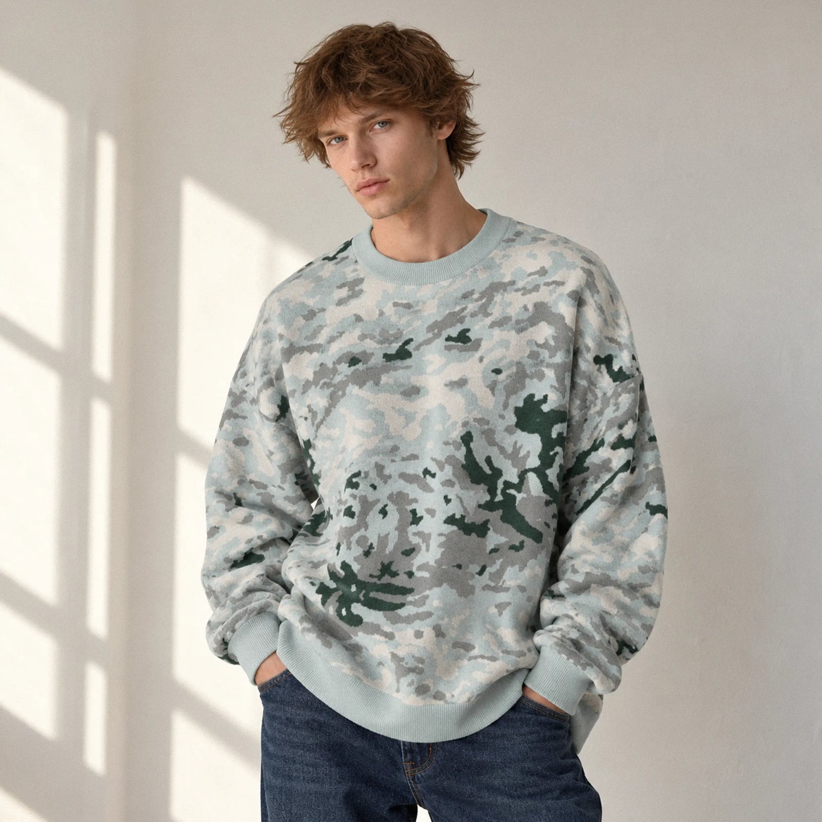 Male model wearing Arctic Splotch relaxed-fit jacquard knit sweater with dark blue jeans