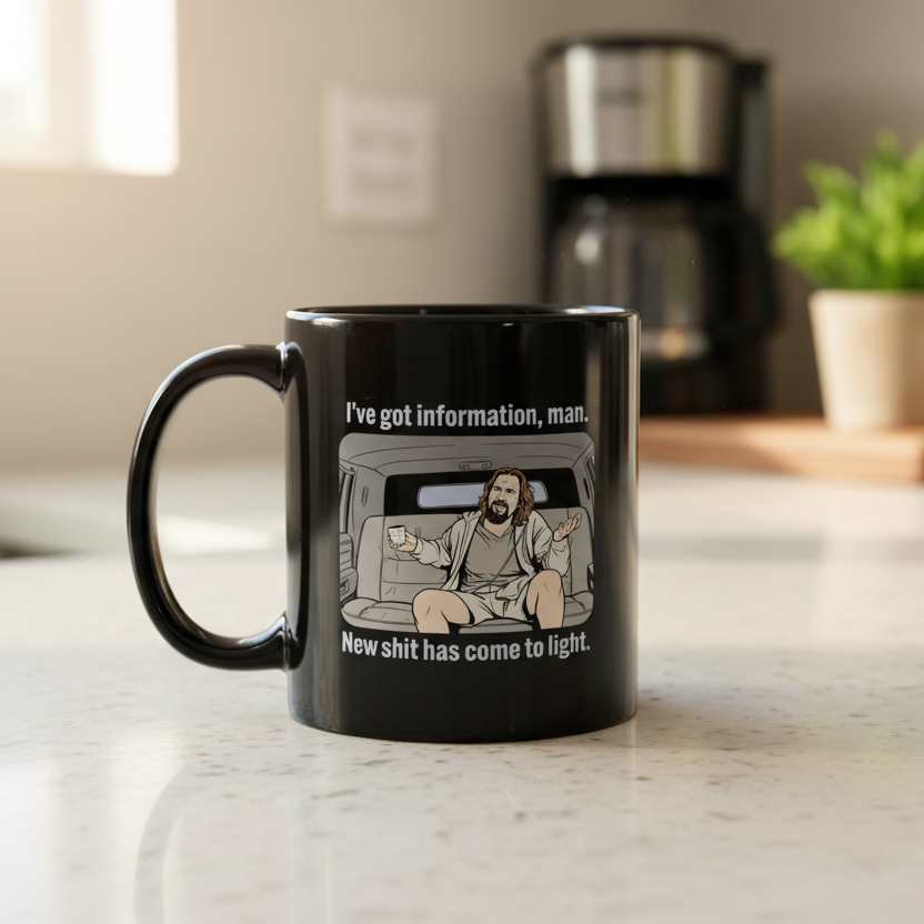 Black mug with The dude talking to the big Lebowski in his limousine on a kitchen counter