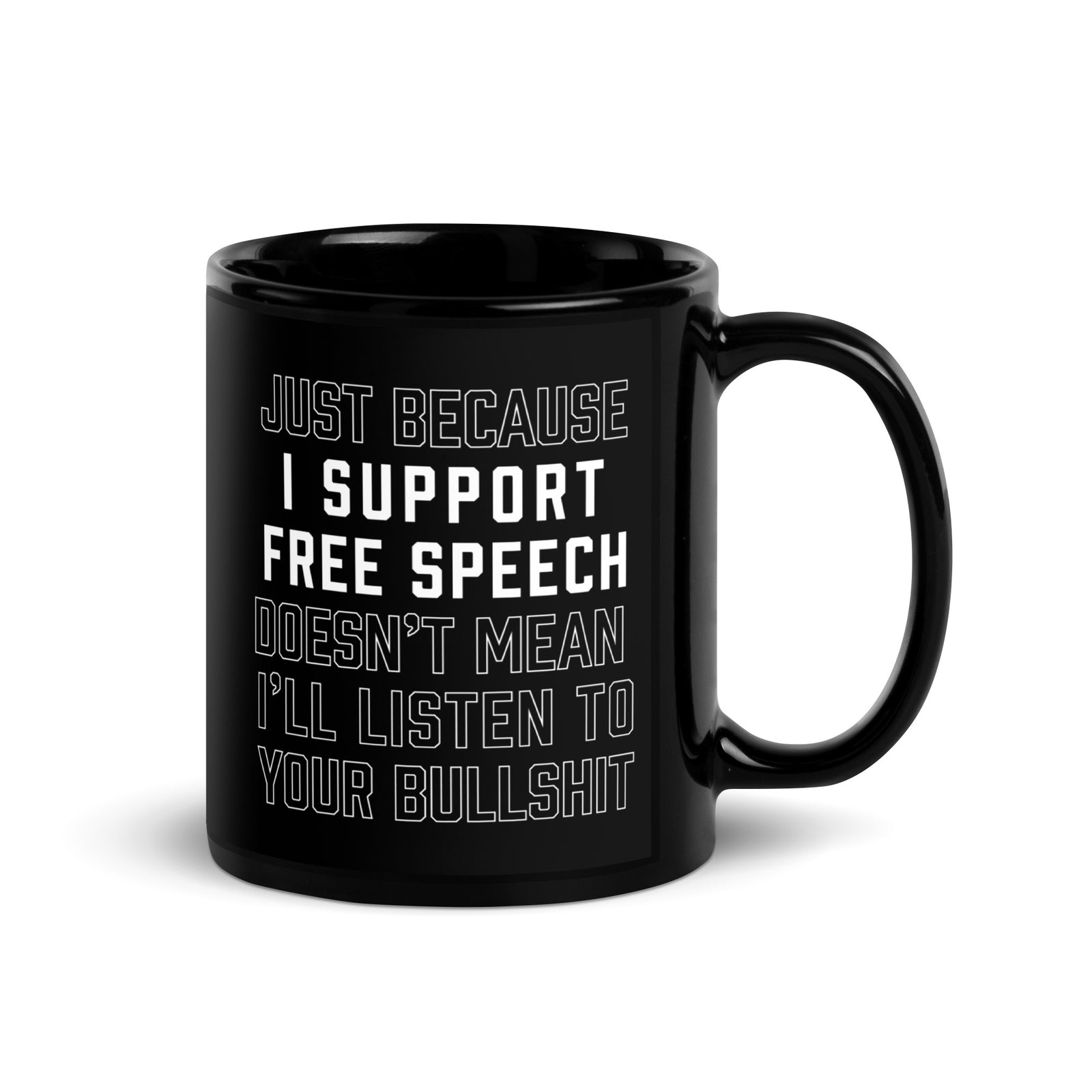Black mug with white text on a white background