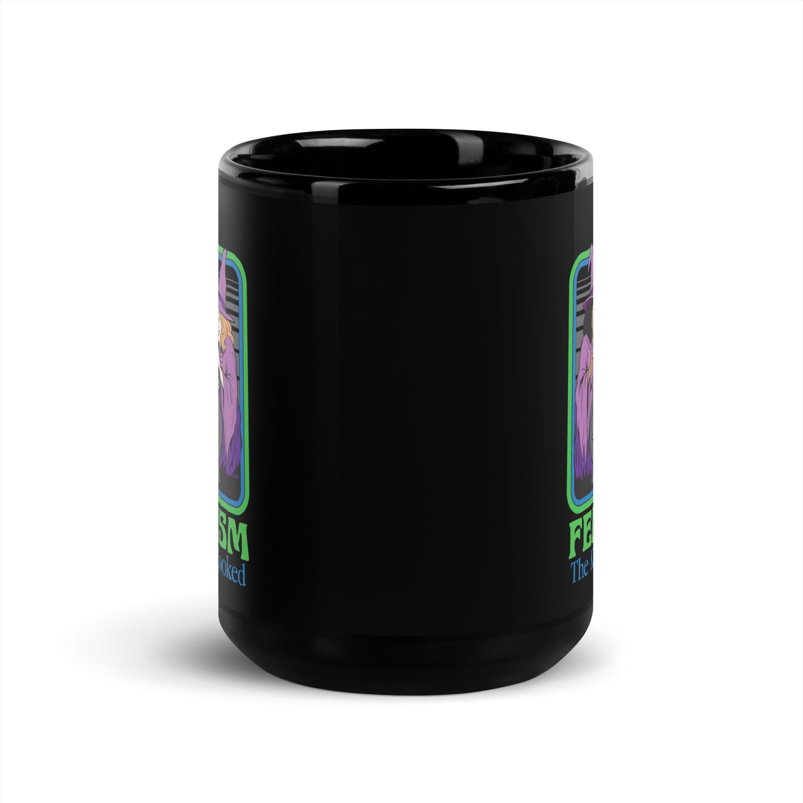 Black mug featuring a colorful “Feminism: The Kids Are Cooked” design with three witches around a green cauldron and a nervous child inside.