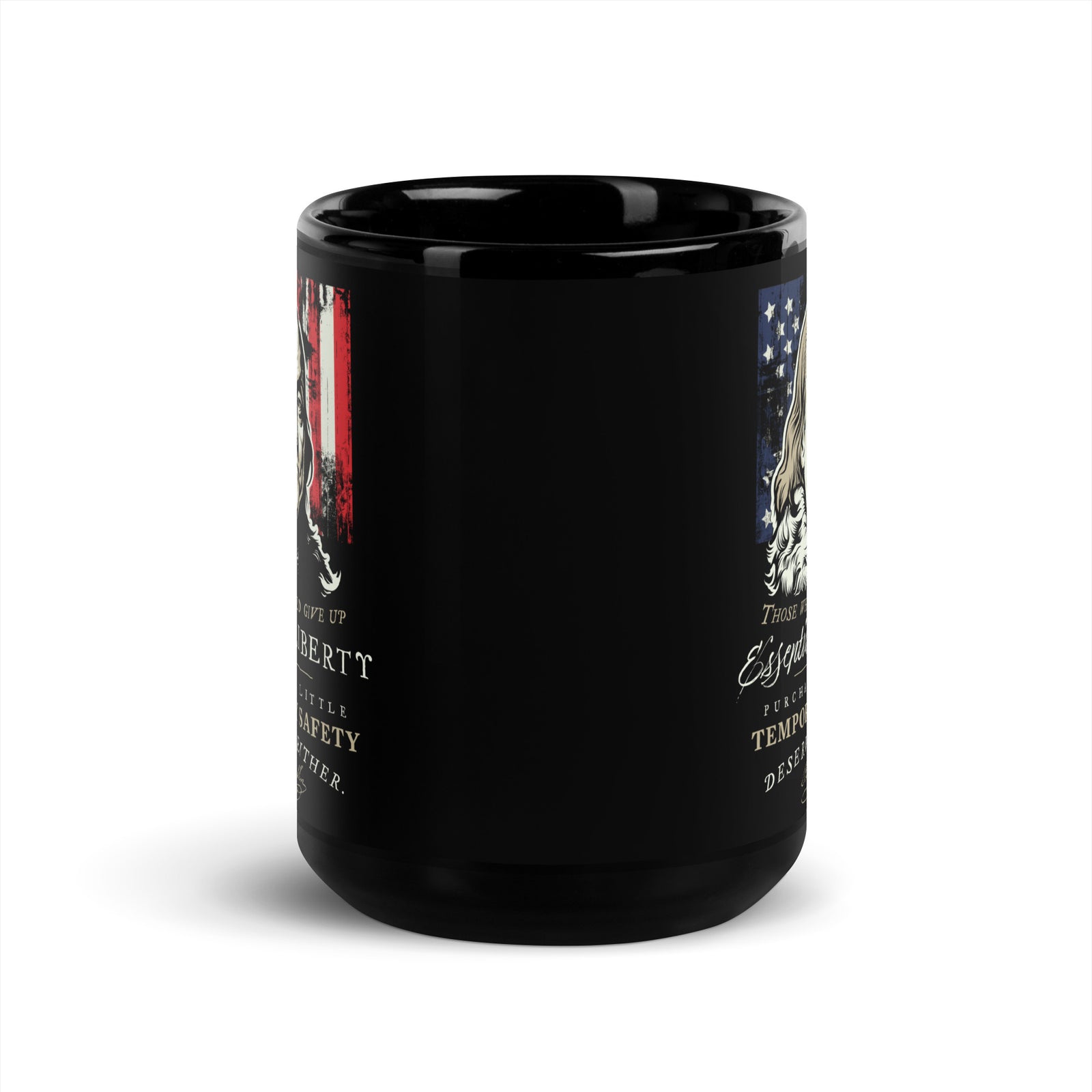 A glossy black ceramic mug featuring a distressed American flag design with a skull and gold text, shown on a clean white background.
