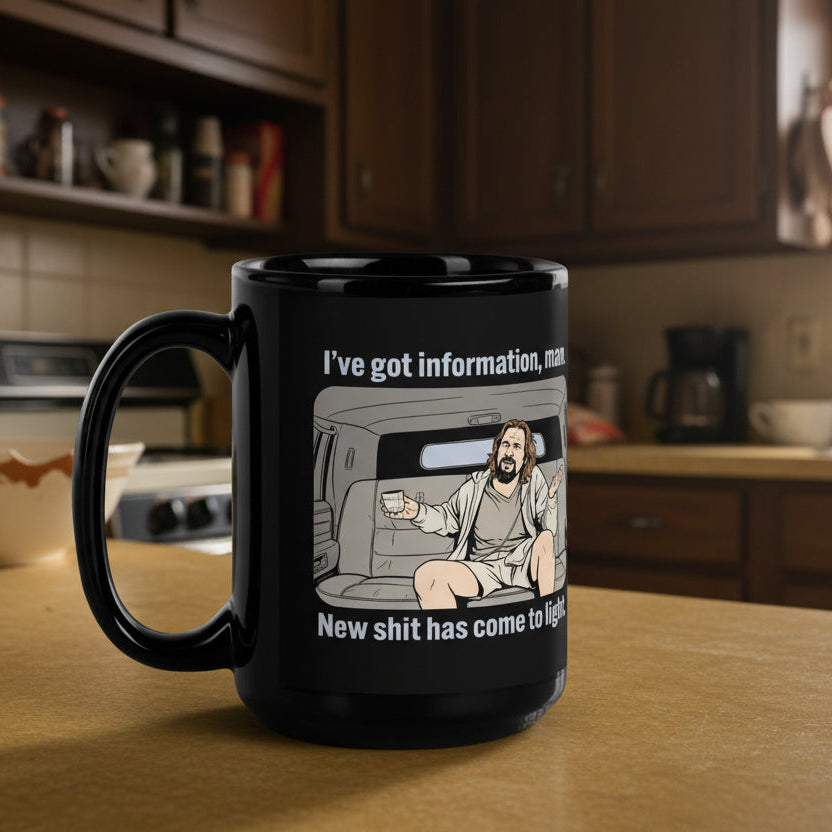 Black mug with a graphic of a character from a movie and text on a white background