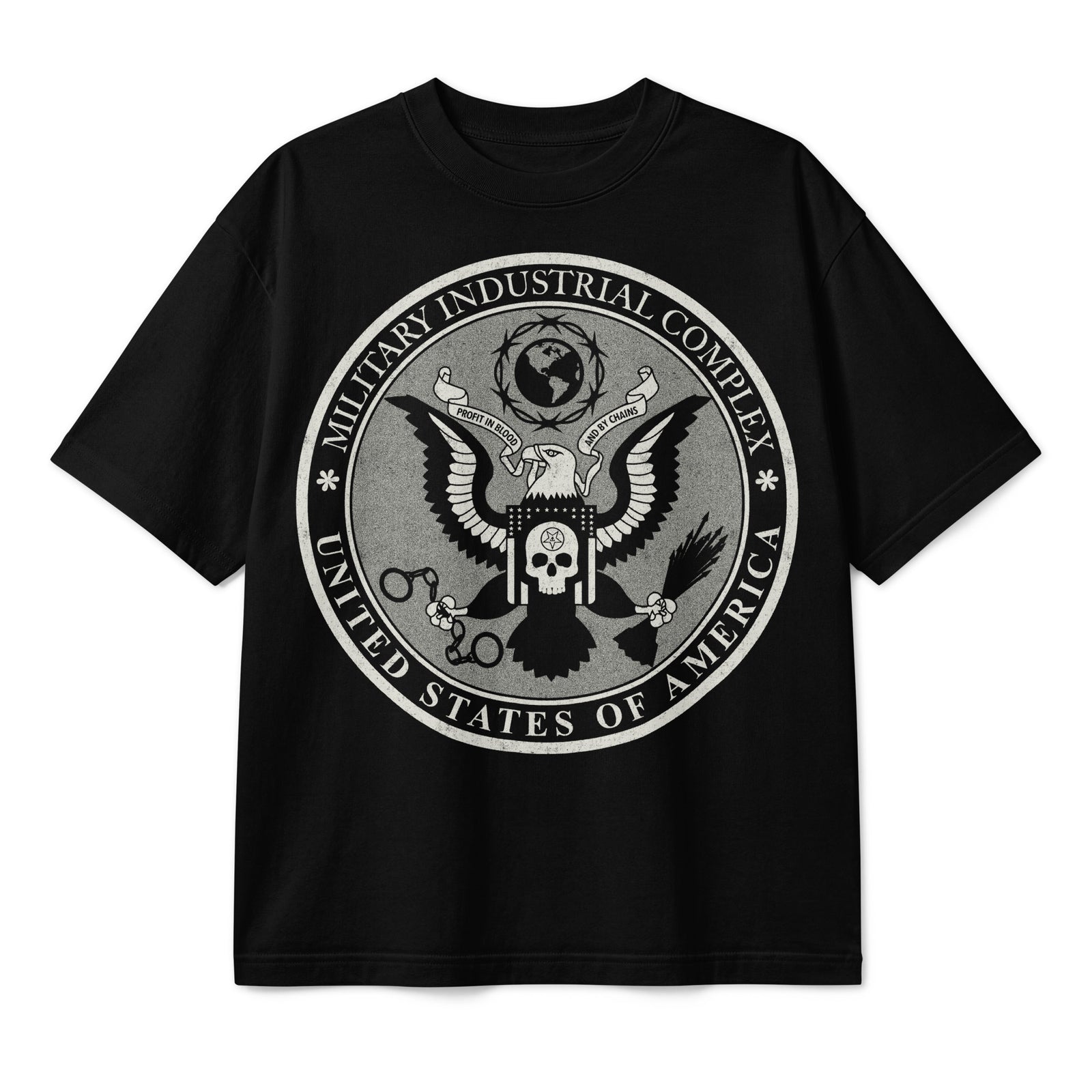 Military Industrial Complex graphic T-shirt in black, boxy cut and distressed seal, front view