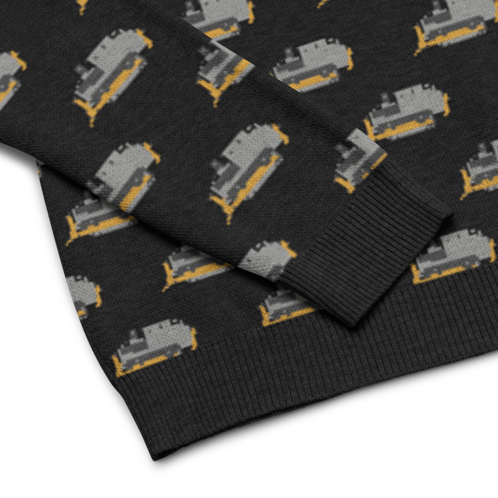 Closeup of the Killdozer knit sweater sleeve by Liberty Maniacs.