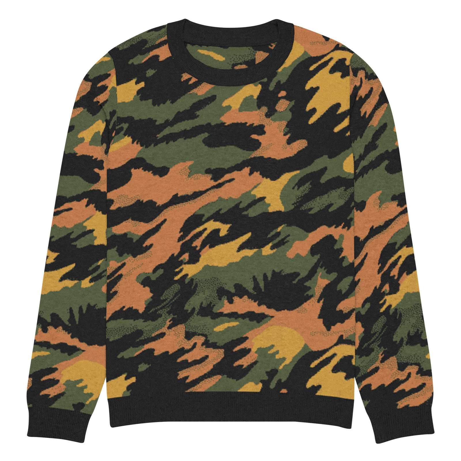 A knitted pullover sweater with a camouflage pattern in orange, green, and brown colors.
