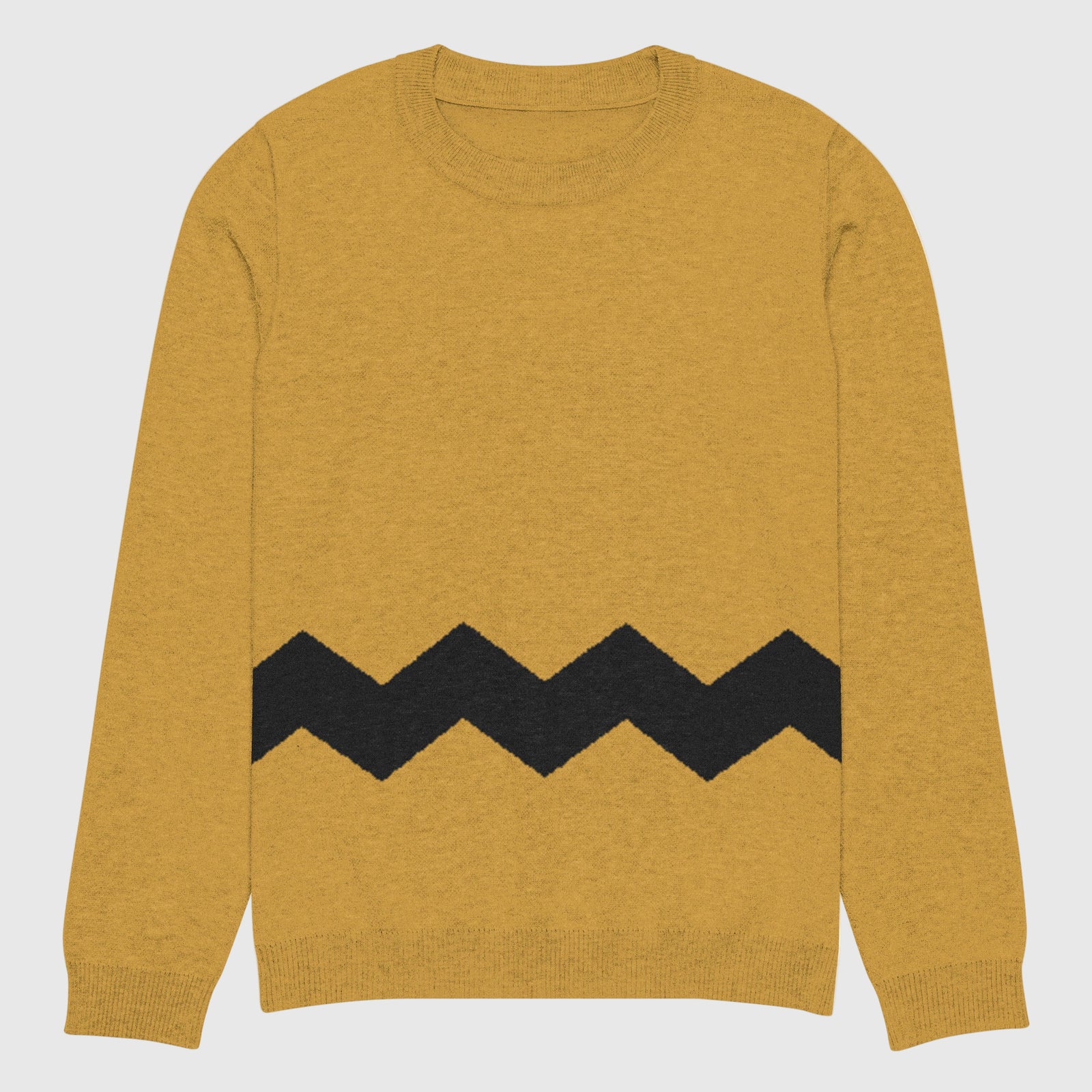 A yellow knitted crew-neck sweater with black chevron patterns on it.
