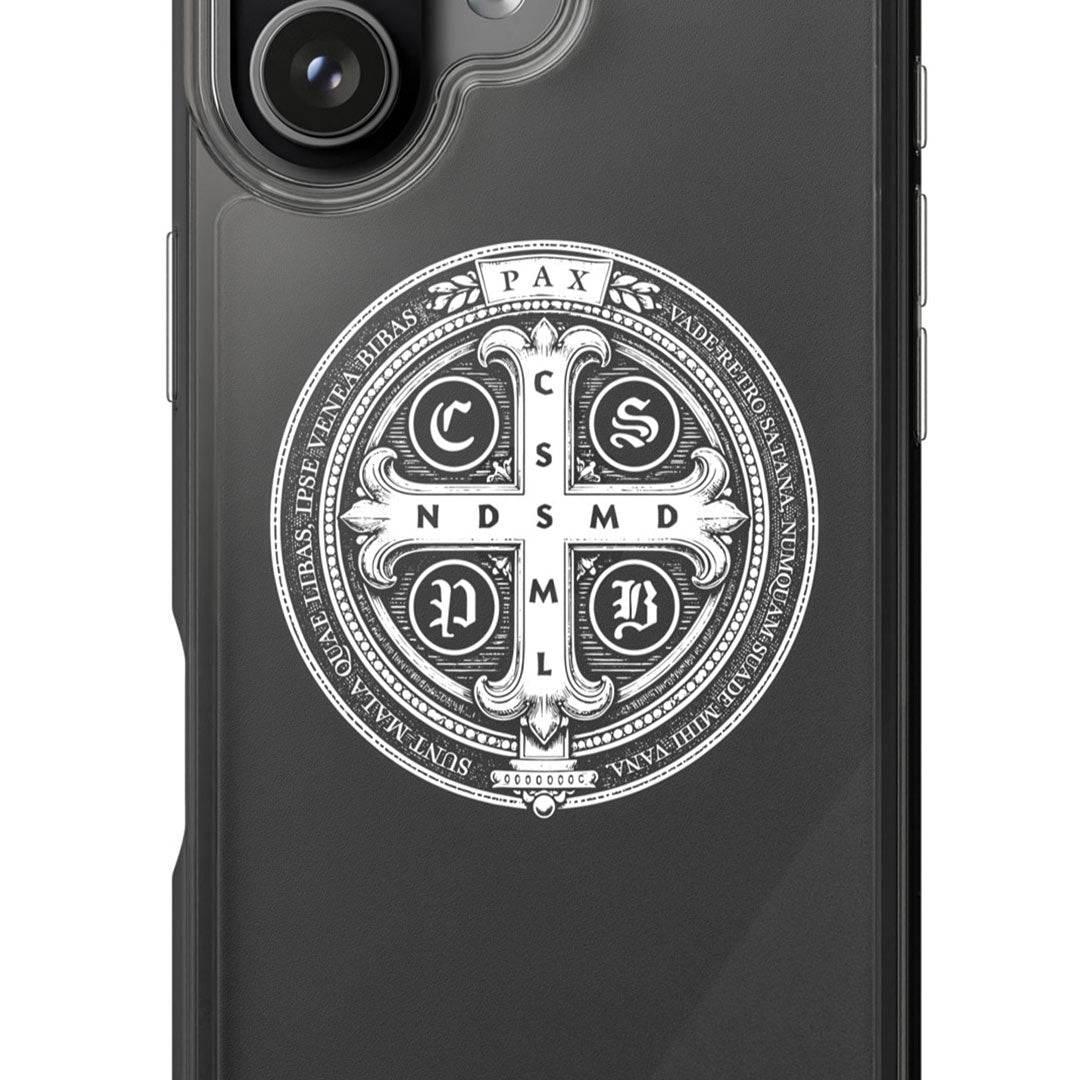 Phone case with a decorative emblem featuring religious symbols and text on a black background