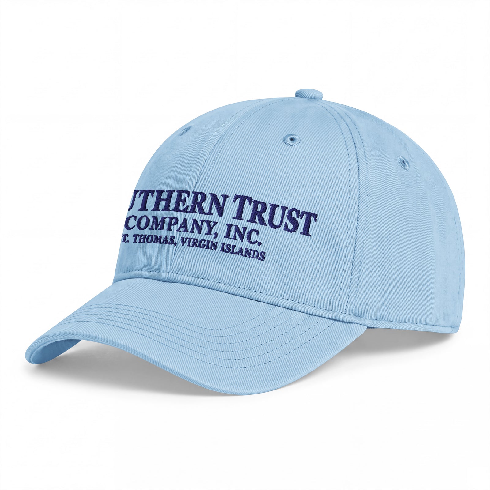 Southern Trust Company Hydrangea light blue cap, angled front view showing dark embroidery and curved bill