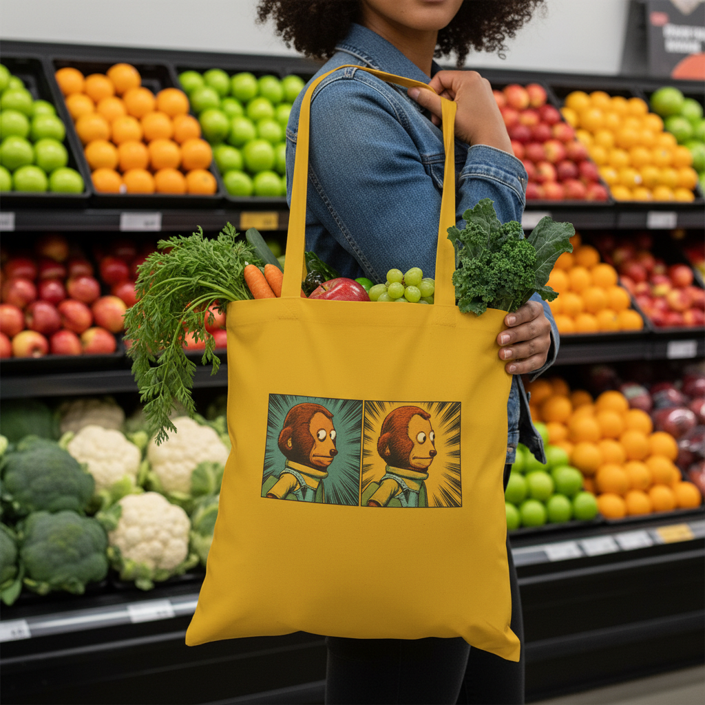 Person holding a yellow tote bag with cartoon characters in a grocery store.