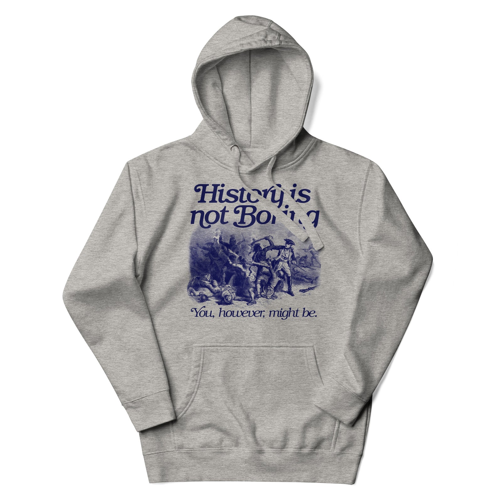 Gray hoodie with blue graphic and text on a white background