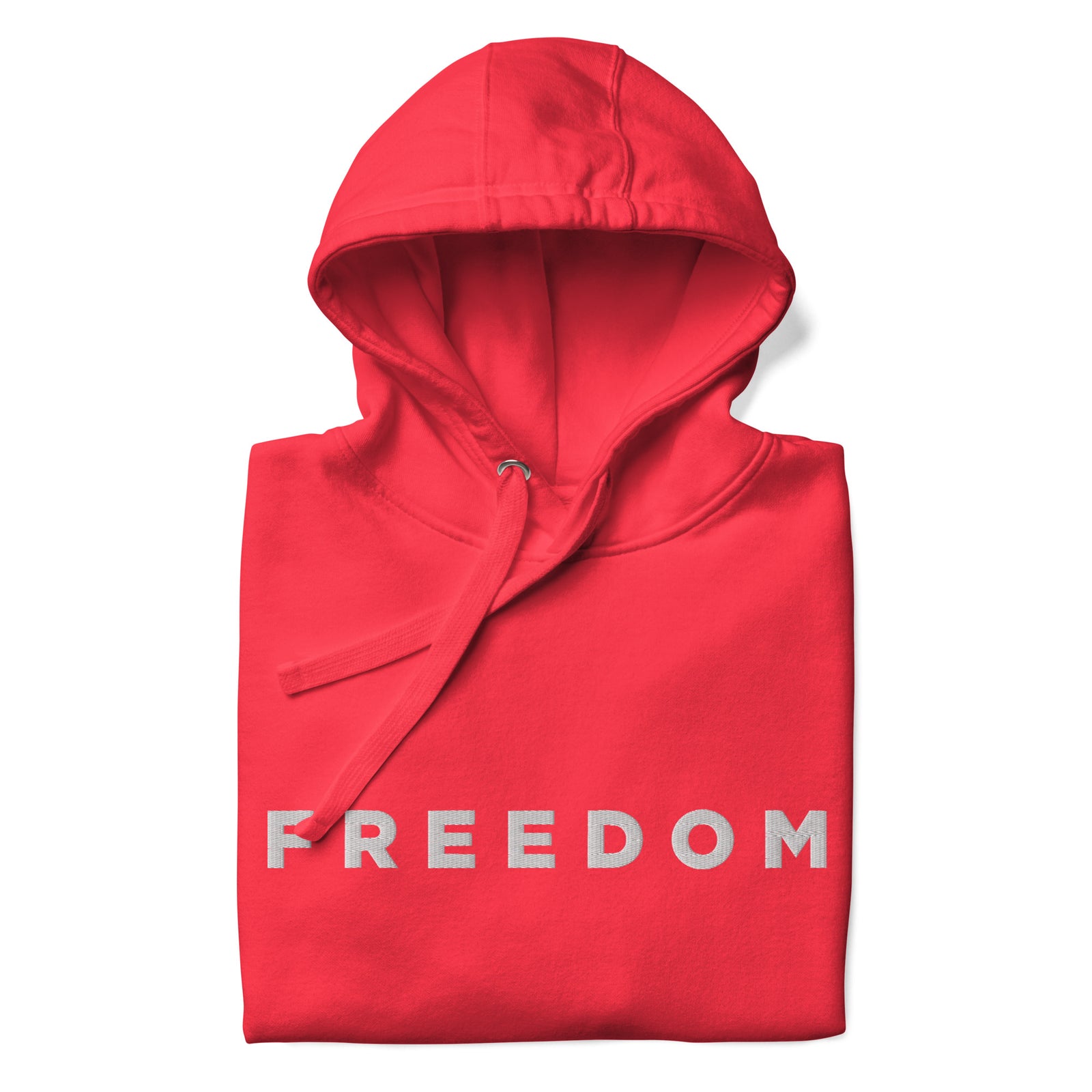 Red hoodie with 'FREEDOM' printed on it against a white background