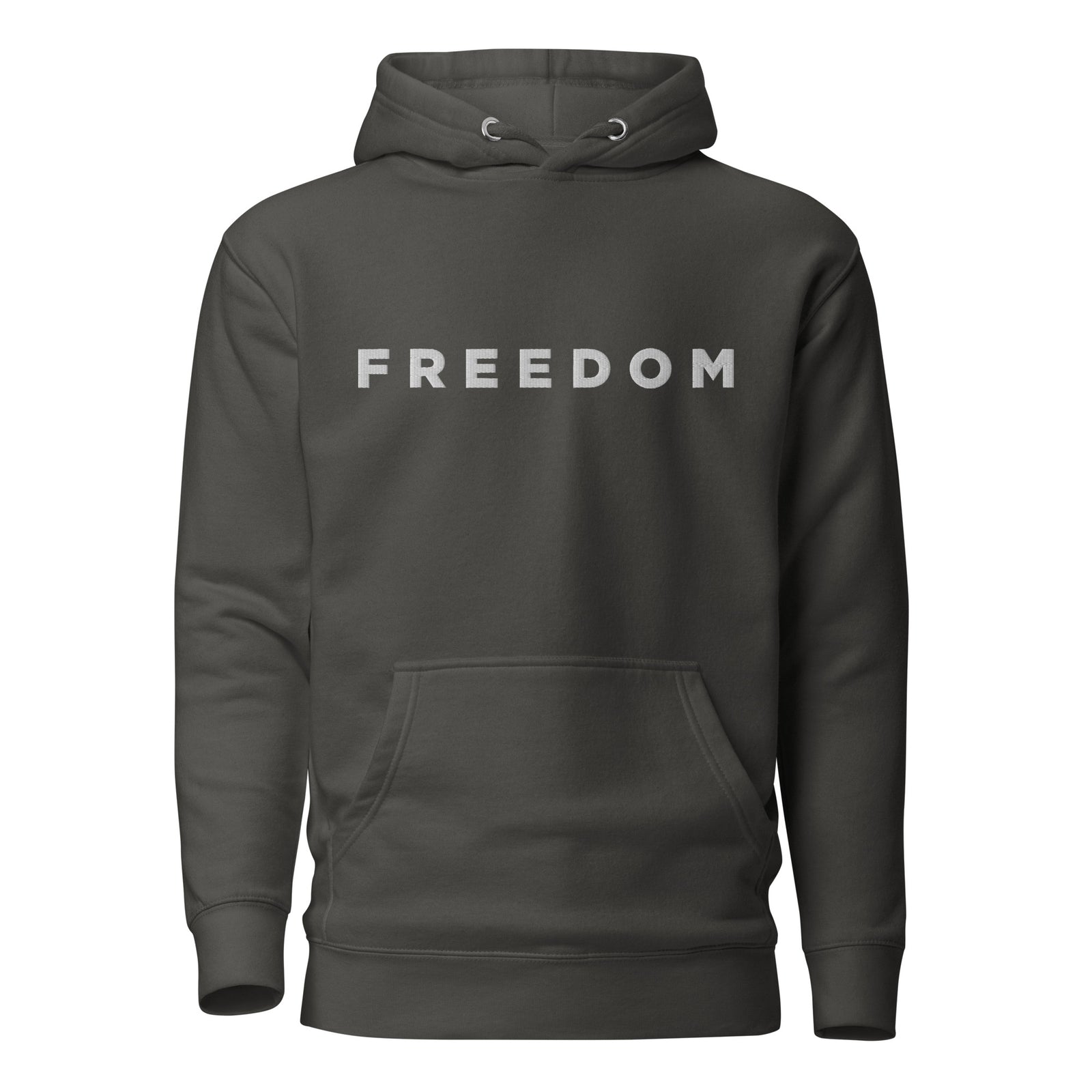Dark gray hoodie with 'FREEDOM' text on a white background