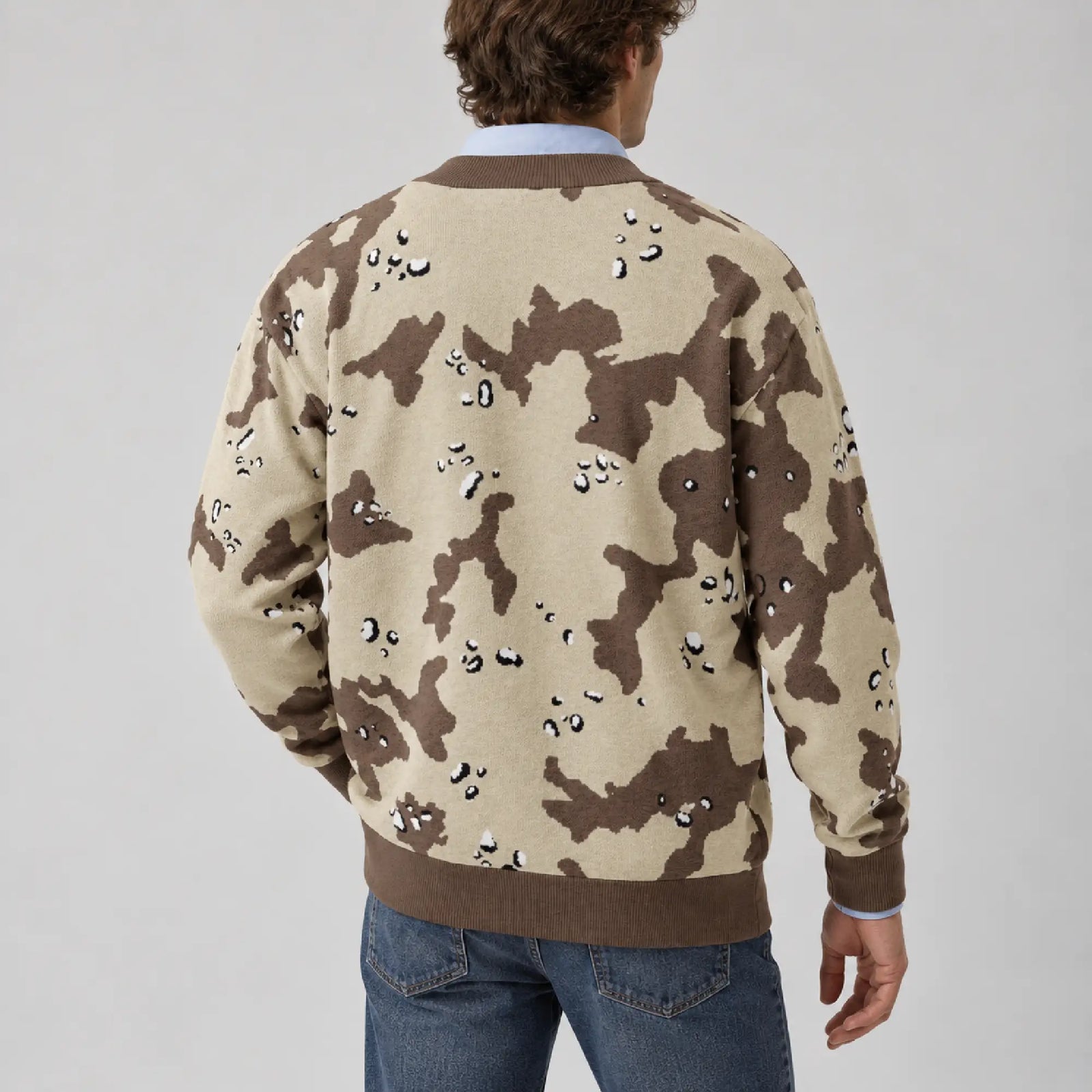 Model wearing the Desert Storm Camo Knitted Cardigan showing the back