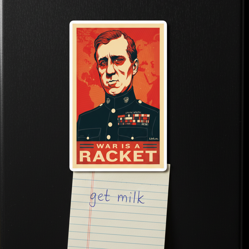 Magnet with a portrait and 'War is a Racket' text on a black background, with a piece of paper below.