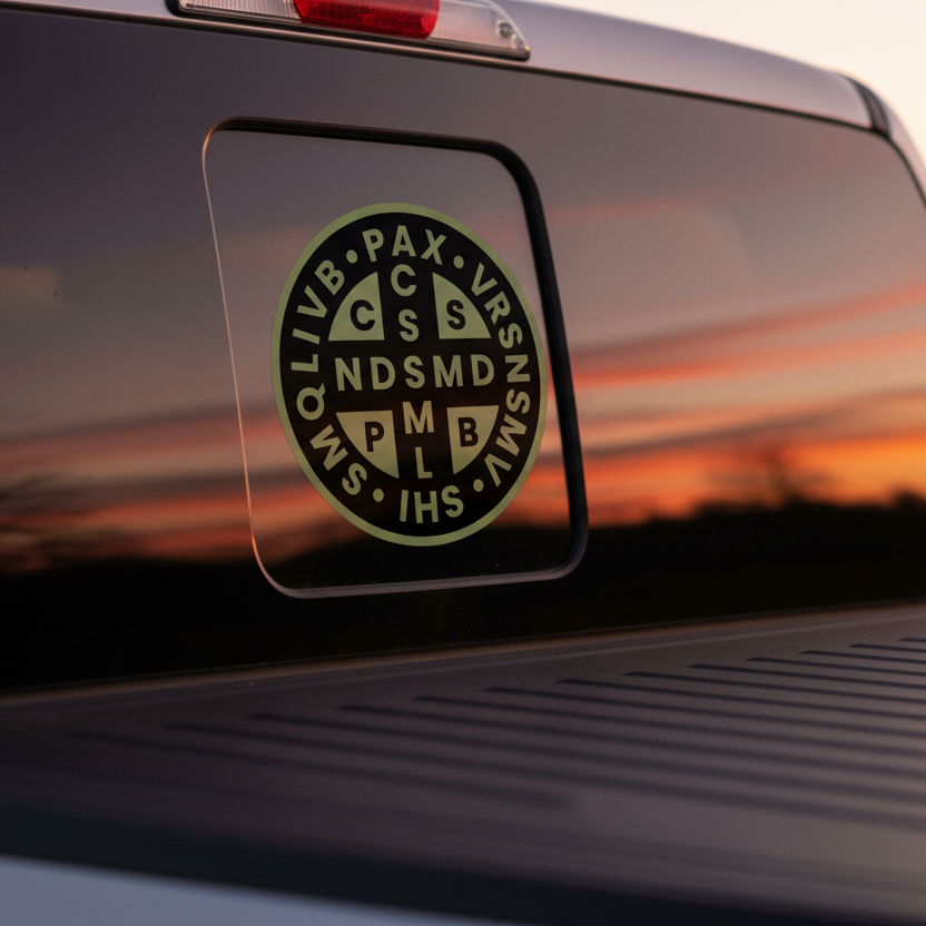 Car window with a circular decal featuring religious text against a sunset background