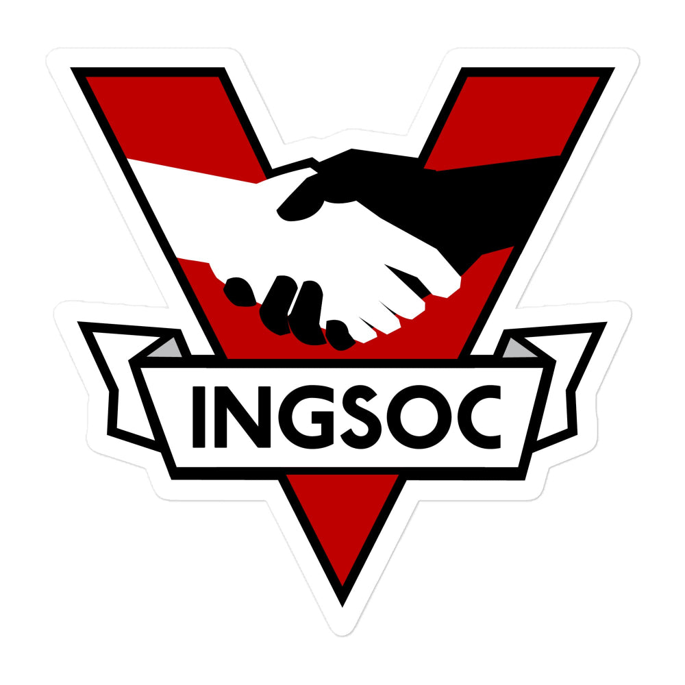 Logo with a handshake between a black and white hand, red 'V' shape, and 'INGSOC' text.