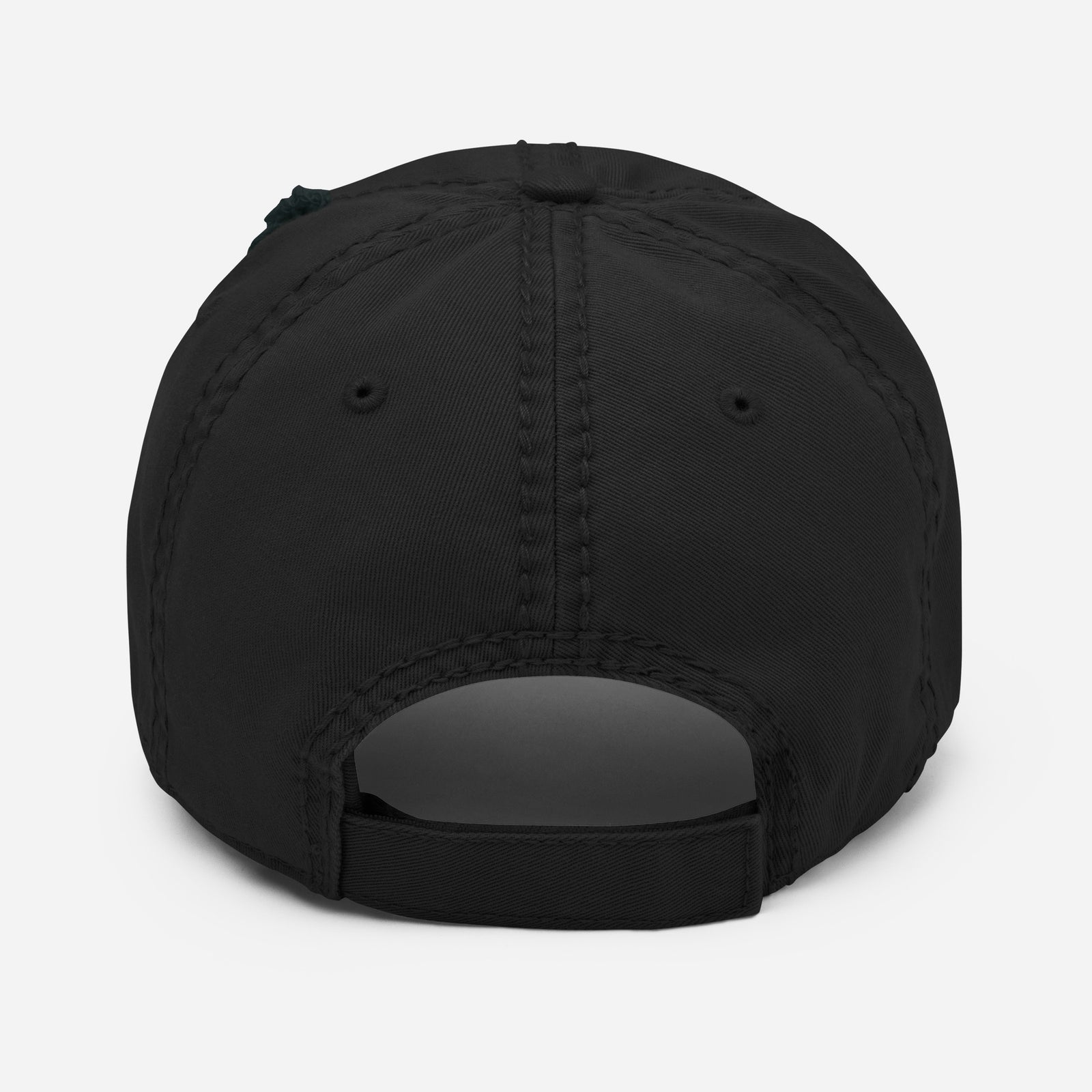 Back of the Black Honey Badger Distressed Hat, showing rear opening and adjustable fabric strap