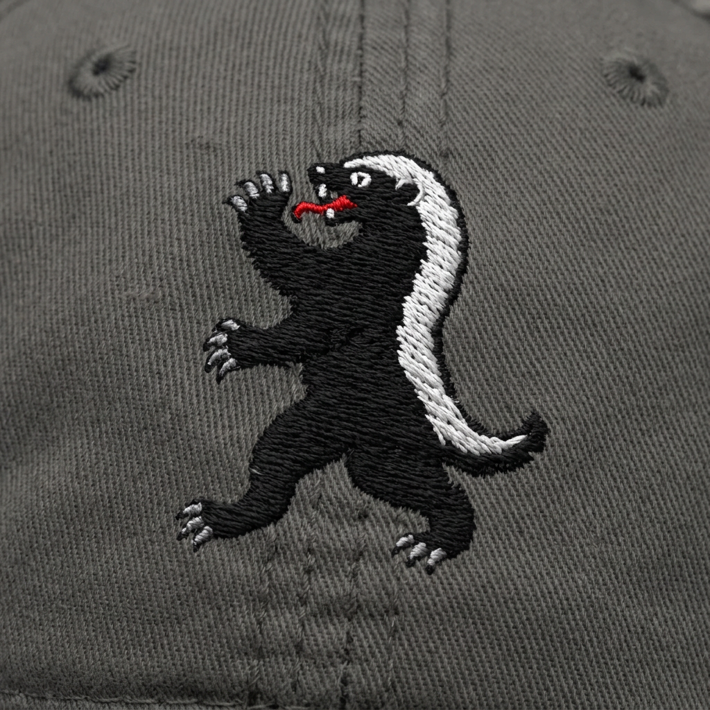 Detail of the heraldic honey badger embroidered on Charcoal Grey cotton twill, showing pale back stripe, grey claws, and red tongue