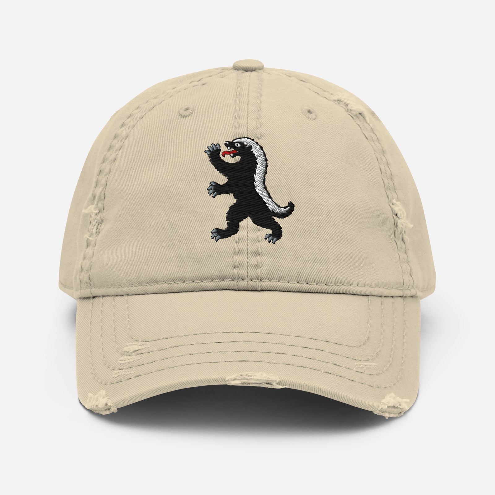 Heraldic Honey Badger Distressed Hat in Khaki, front view with embroidered badger and lightly frayed brim
