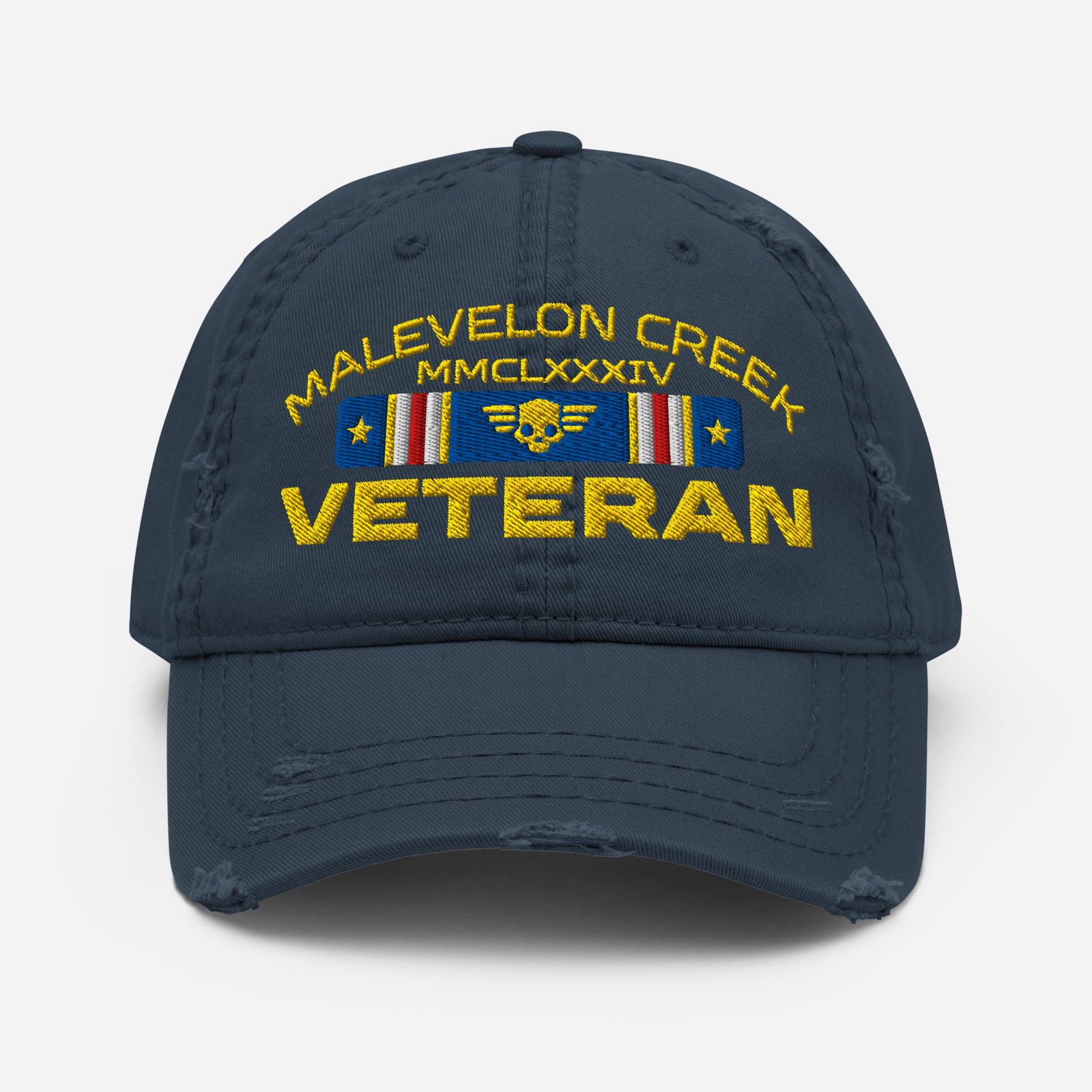 Navy blue cap with embroidered text and symbols on a white background